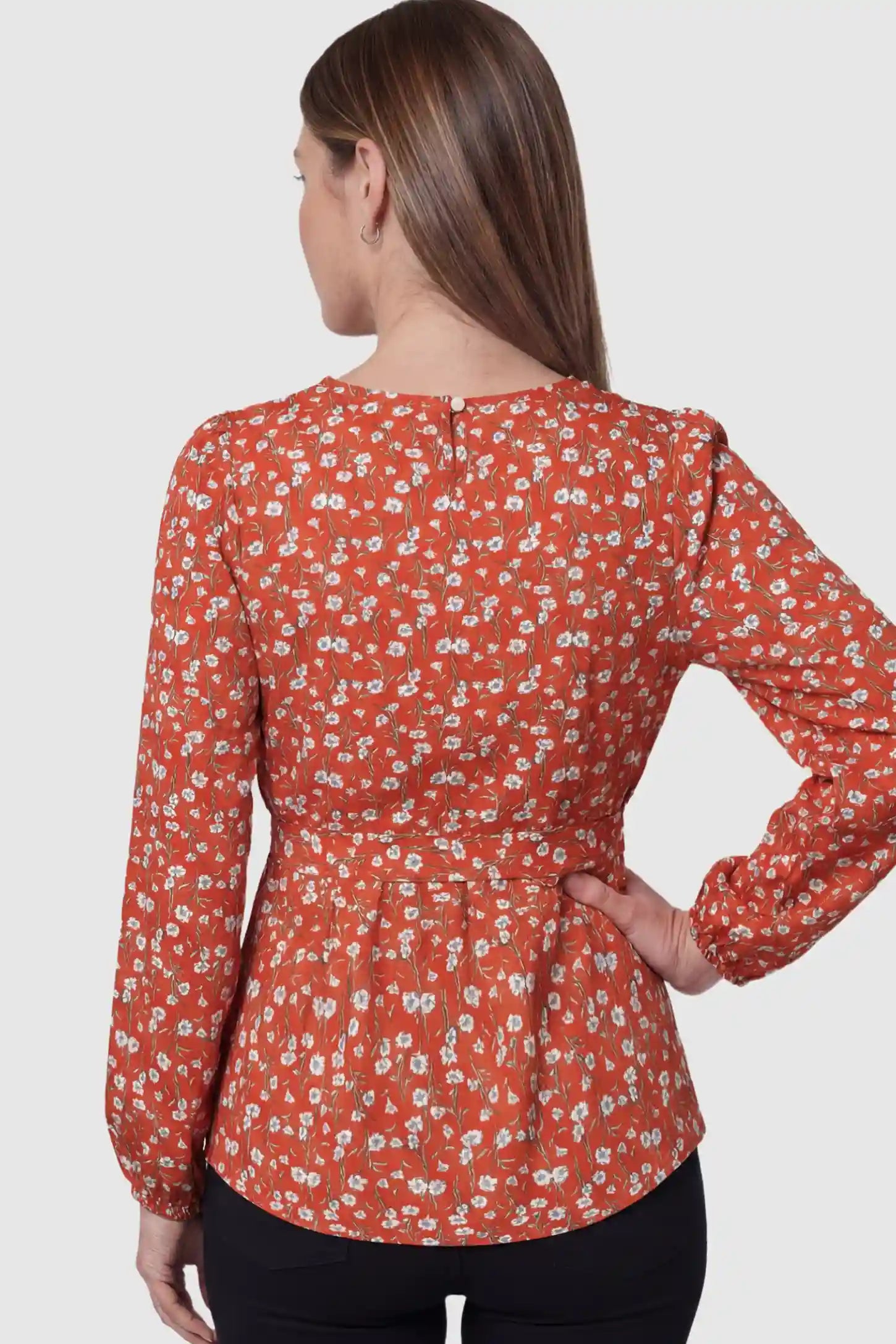 Floral Round Neck Babydoll Maternity Top Floral Round Neck Babydoll Maternity Top in Red featuring an adjustable waist tie on a pregnant model showing back.