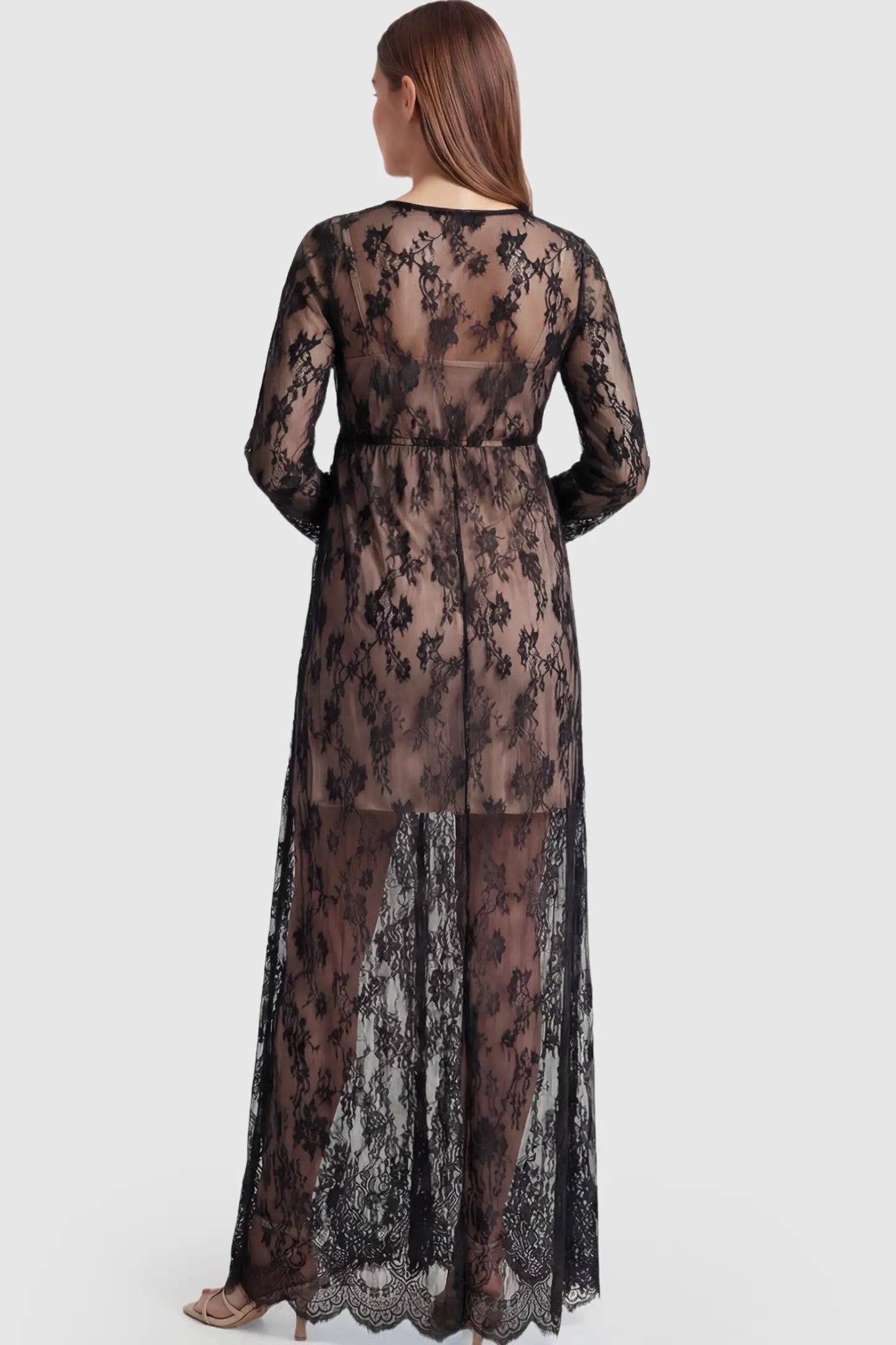Floral Sheer Lace Long Sleeve Maternity Photoshoot Gown Floral Sheer Lace Maternity Gown in Black featuring long sleeves on a pregnant model showing back.