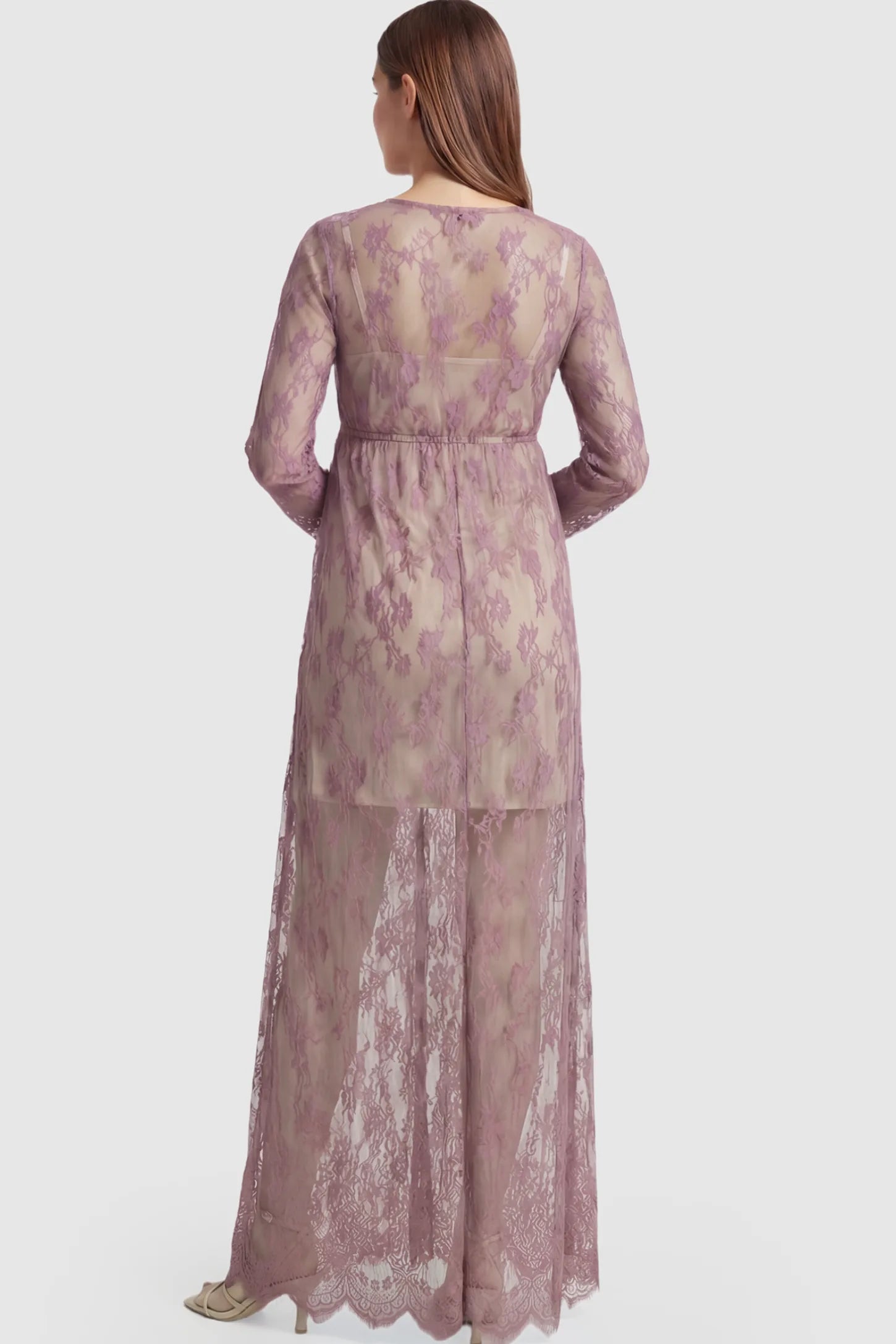 Floral Sheer Lace Long Sleeve Maternity Photoshoot Gown Floral Sheer Lace Maternity Gown in Dusty Mauve featuring long sleeves on a pregnant model showing back.