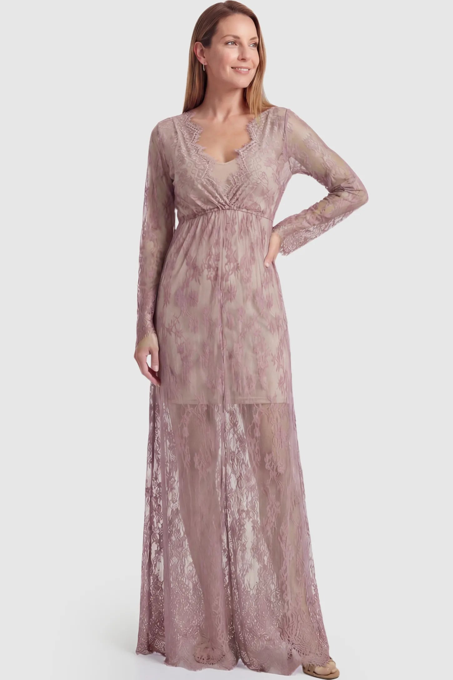 Floral Sheer Lace Long Sleeve Maternity Photoshoot Gown Floral Sheer Lace Maternity Gown in Dusty Mauve featuring scalloped v-neck and long sleeves on a postpartum model showing front.