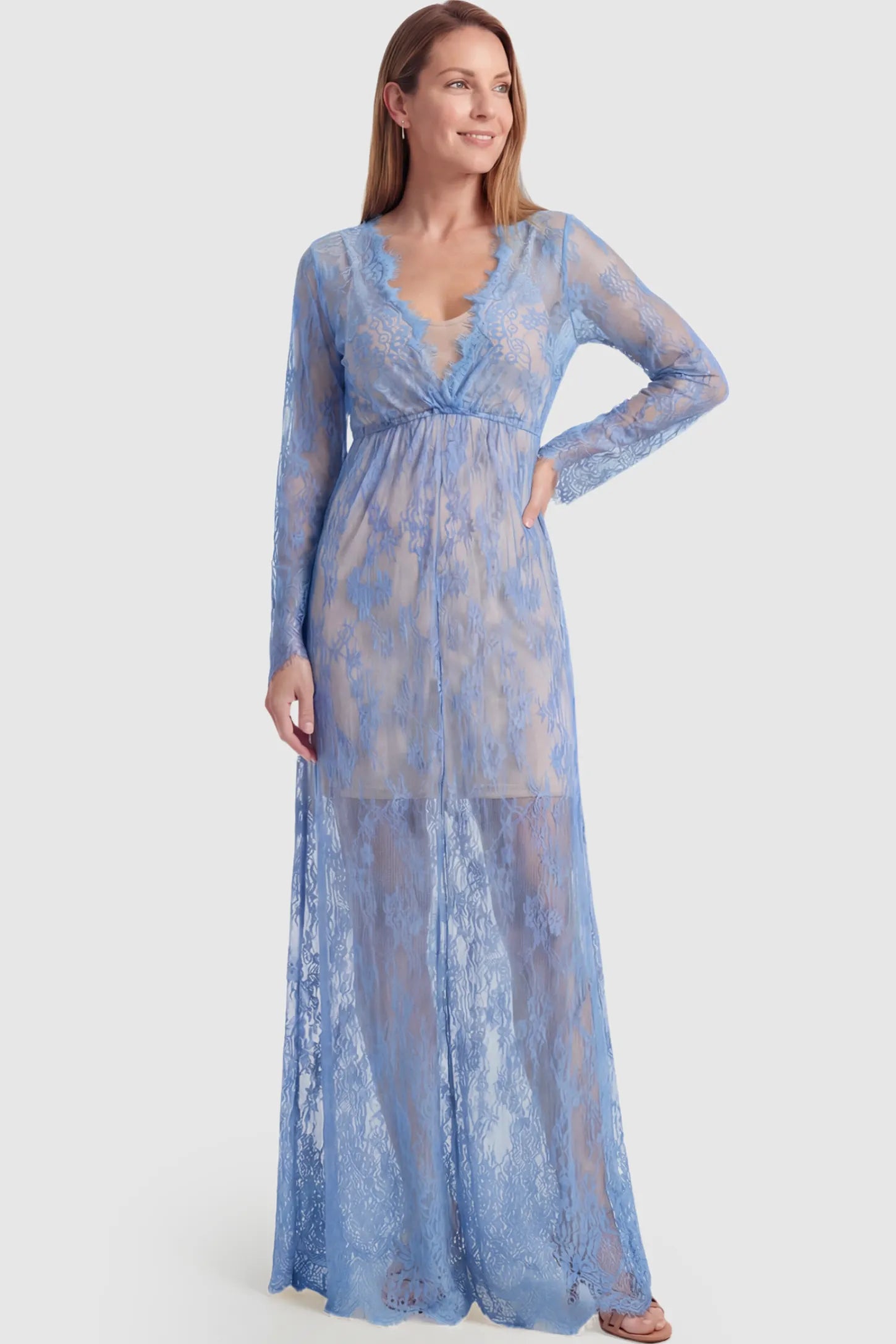 Floral Sheer Lace Long Sleeve Maternity Photoshoot Gown Floral Sheer Lace Maternity Gown in Light Blue featuring scalloped v-neck and long sleeves on a postpartum model showing front.