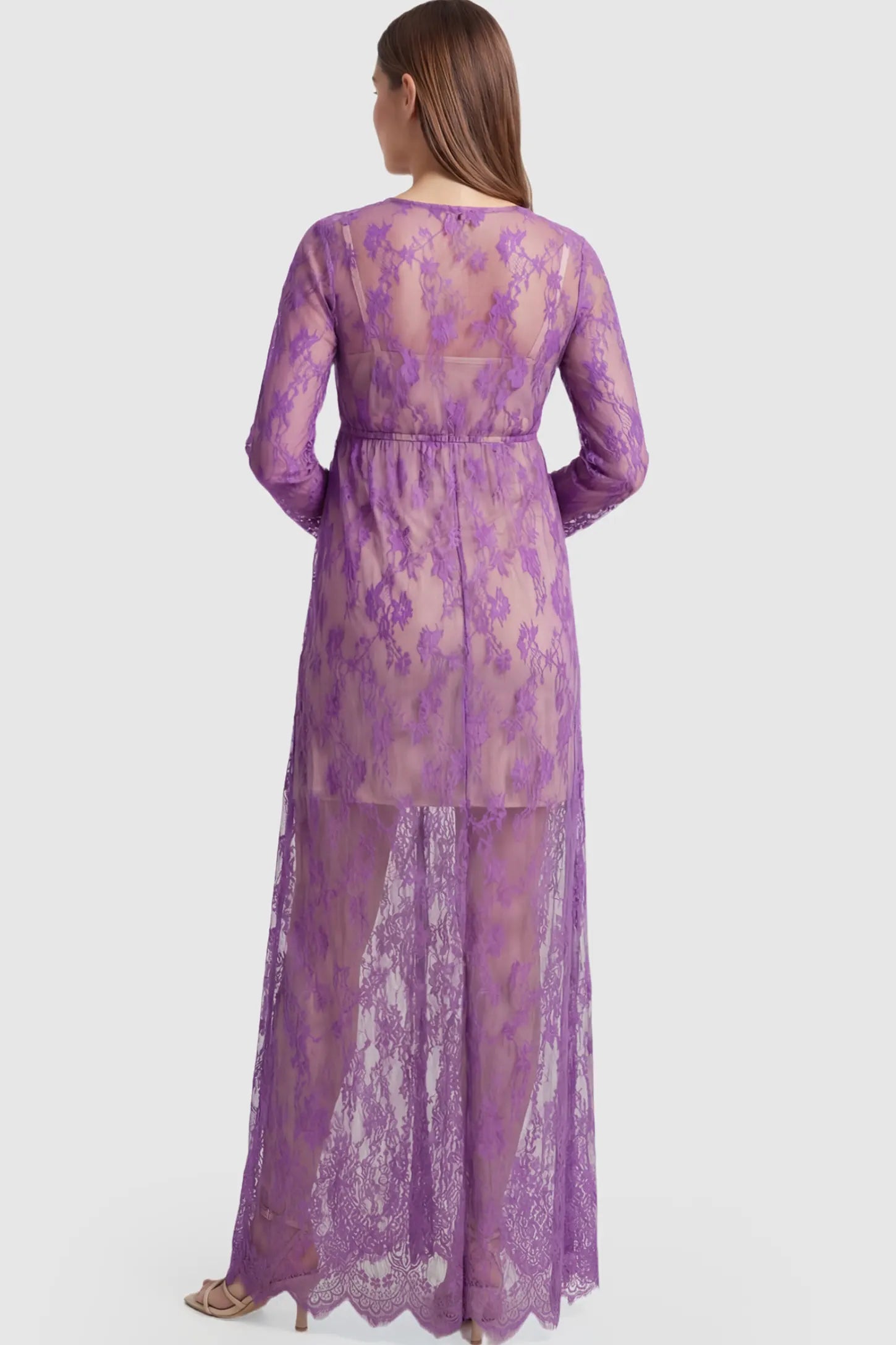 Floral Sheer Lace Long Sleeve Maternity Photoshoot Gown Floral Sheer Lace Maternity Gown in Purple featuring long sleeves on a pregnant model showing back.