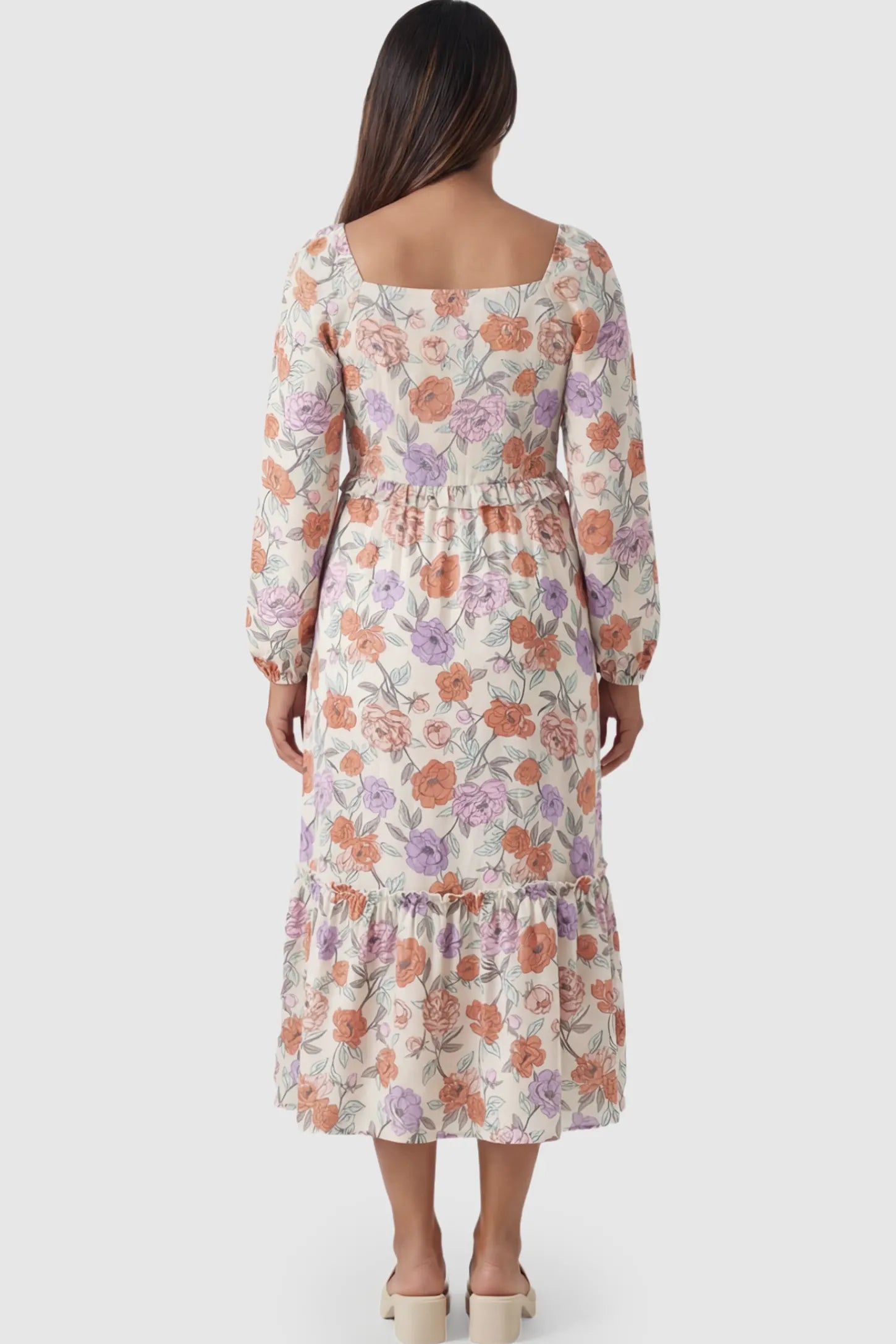Floral Smocked Bodice Tiered Maternity Midi Dress Floral Smocked Bodice Tiered Midi Dress in floral print featuring tiered skirt on a pregnant model showing back.