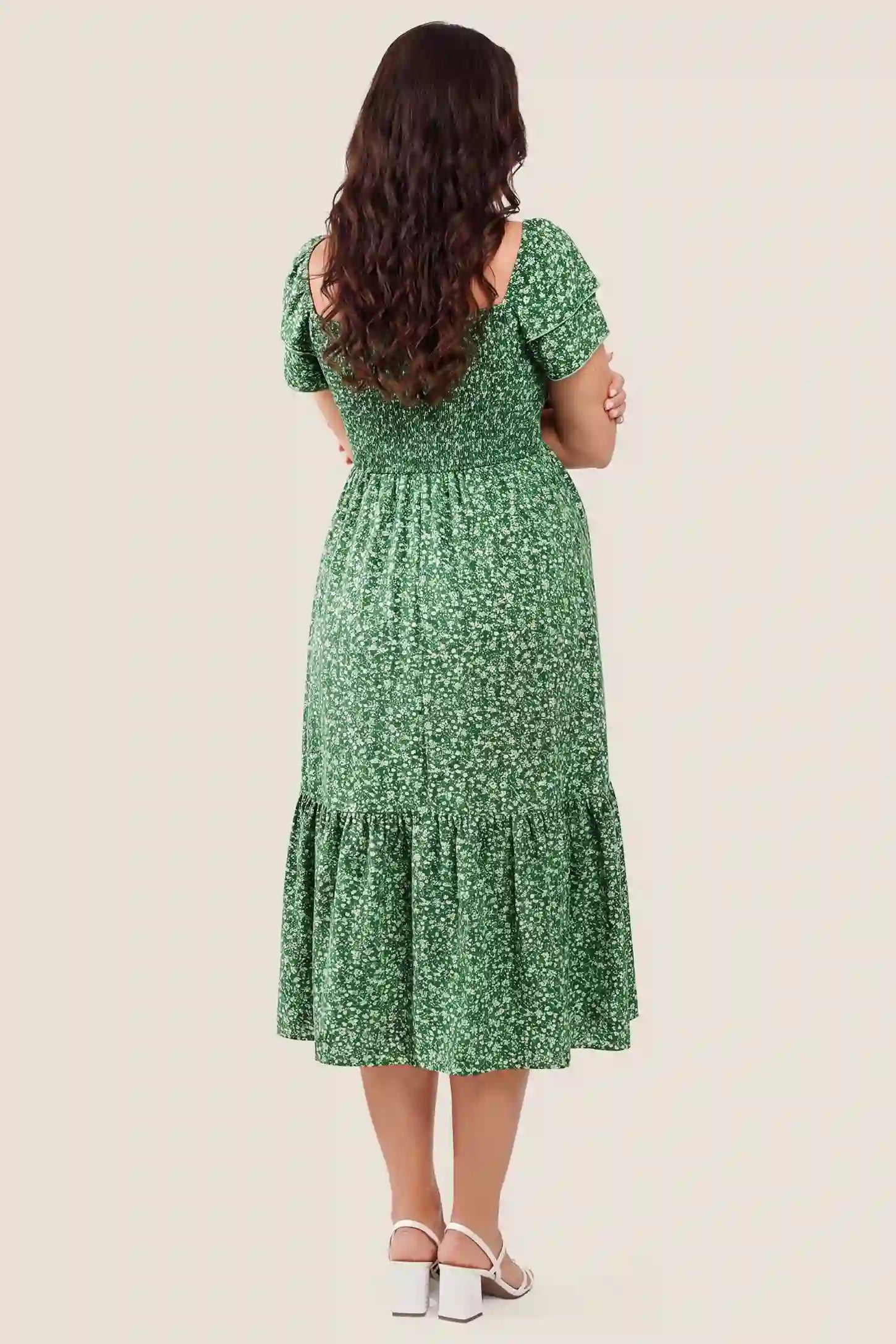 Floral Smocked Square Neck Tiered Maternity Midi Dress Floral Smocked Square Neck Tiered Maternity Midi Dress in Peacock Green highlighting the square back design, back view on a pregnant model.