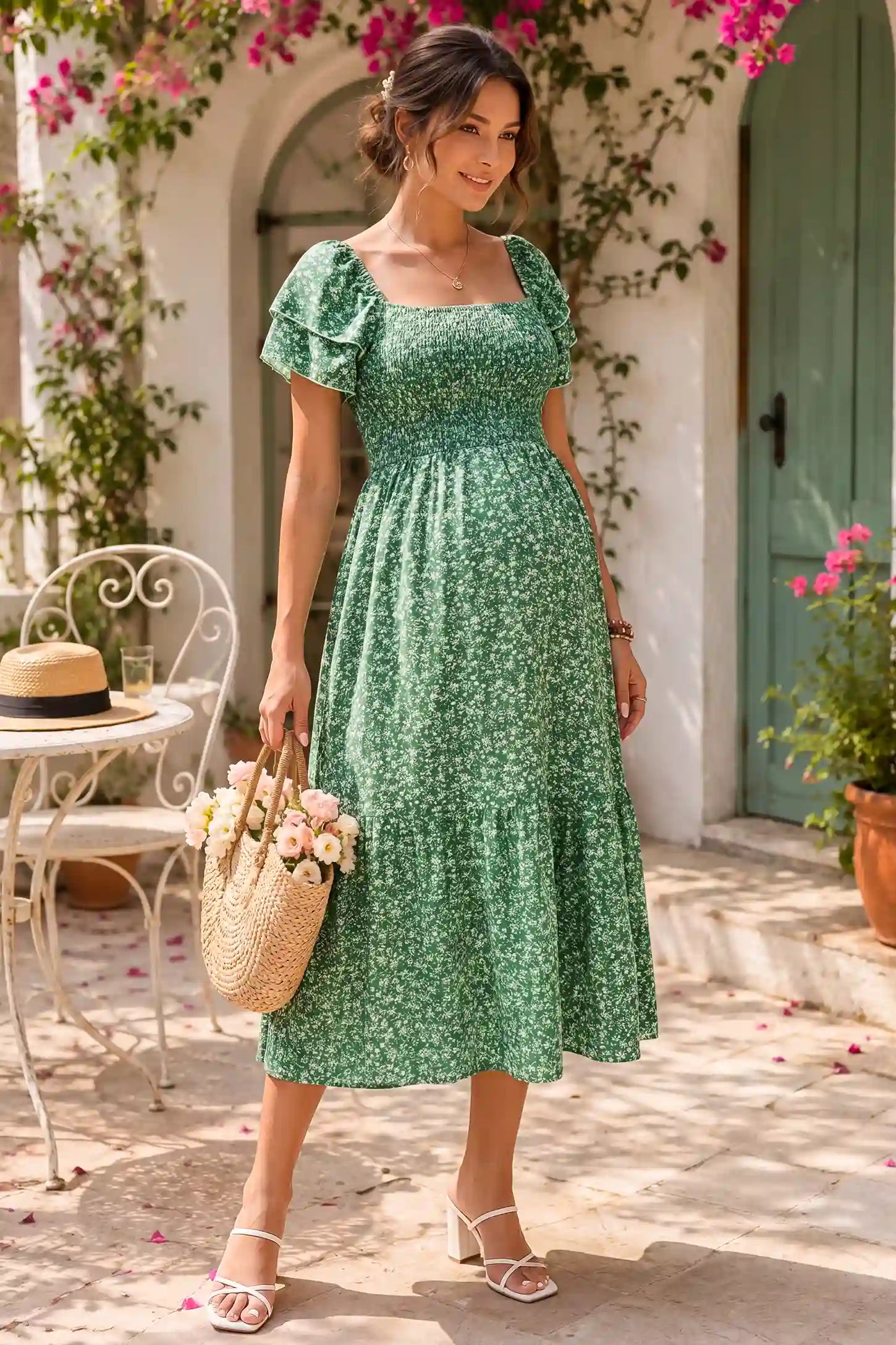 Floral Smocked Square Neck Tiered Maternity Midi Dress Floral Smocked Square Neck Tiered Maternity Midi Dress in Peacock Green with a charming floral print, lifestyle side view on a pregnant model.