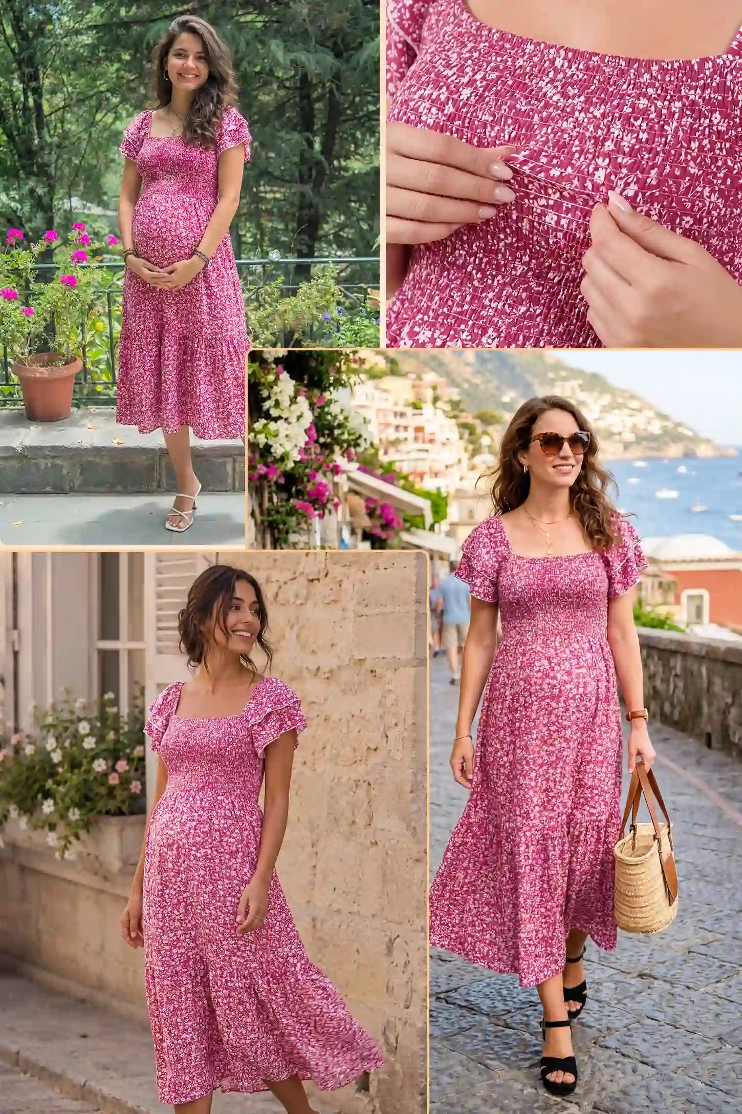 Floral Smocked Square Neck Tiered Maternity Midi Dress Floral Smocked Square Neck Tiered Maternity Midi Dress in Rose Red with dynamic tiers, lifestyle view on a pregnant model.