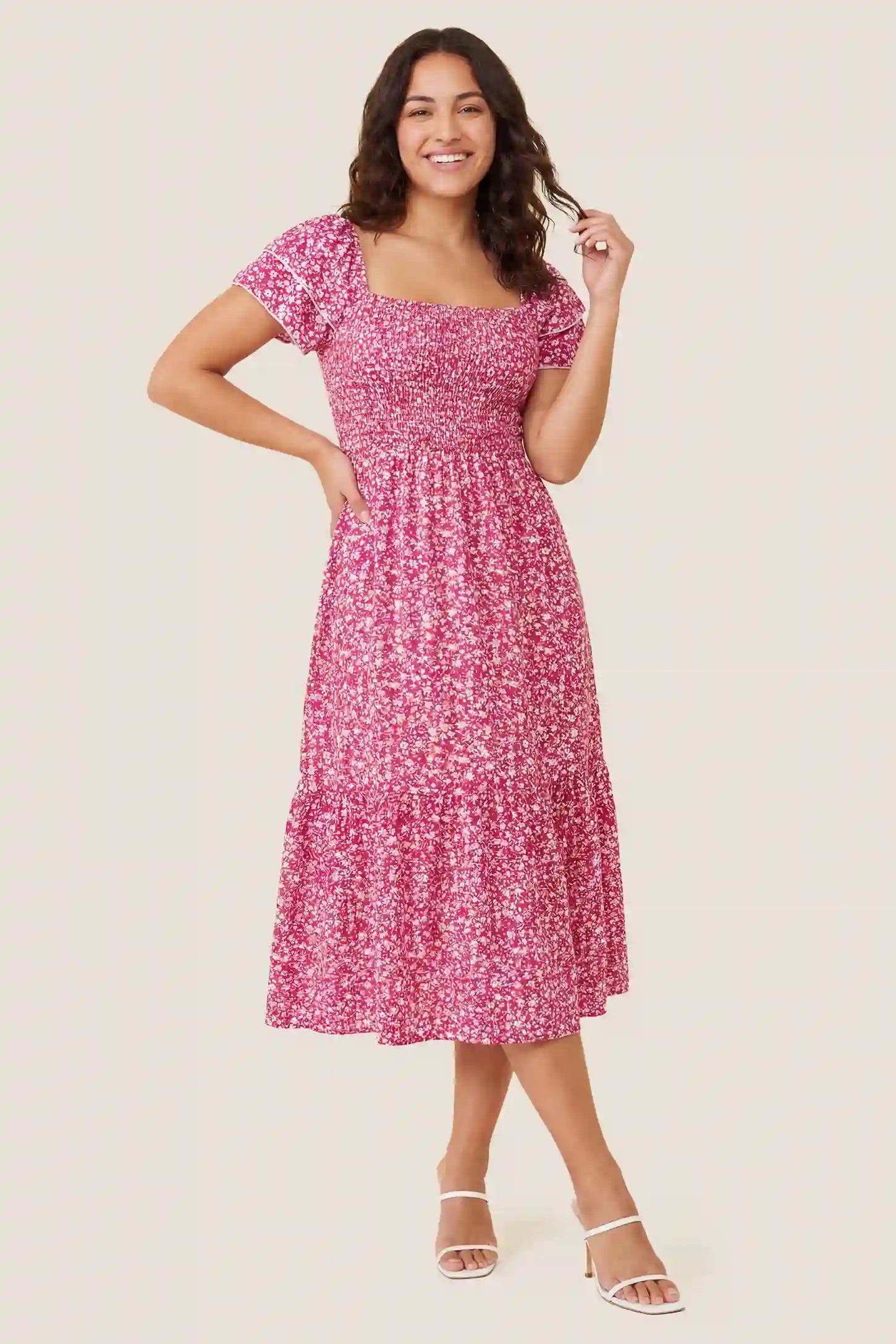 Floral Smocked Square Neck Tiered Maternity Midi Dress Floral Smocked Square Neck Tiered Maternity Midi Dress in Rose Red with ruffled layers and square neck, front view on a non pregnant model.