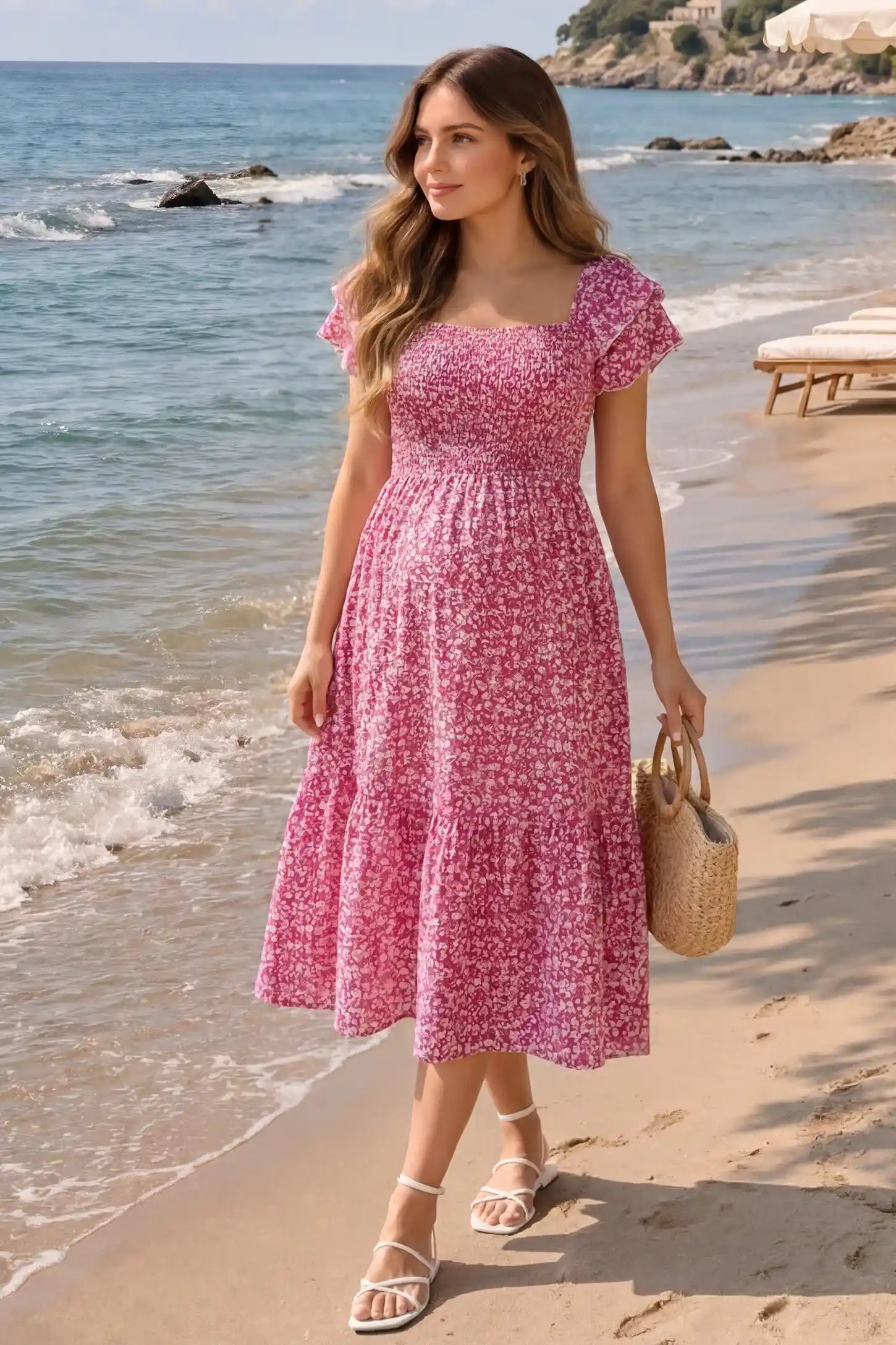 Floral Smocked Square Neck Tiered Maternity Midi Dress Floral Smocked Square Neck Tiered Maternity Midi Dress in Rose Red with flowing ruffled layers, UGC view on a  pregnant model.