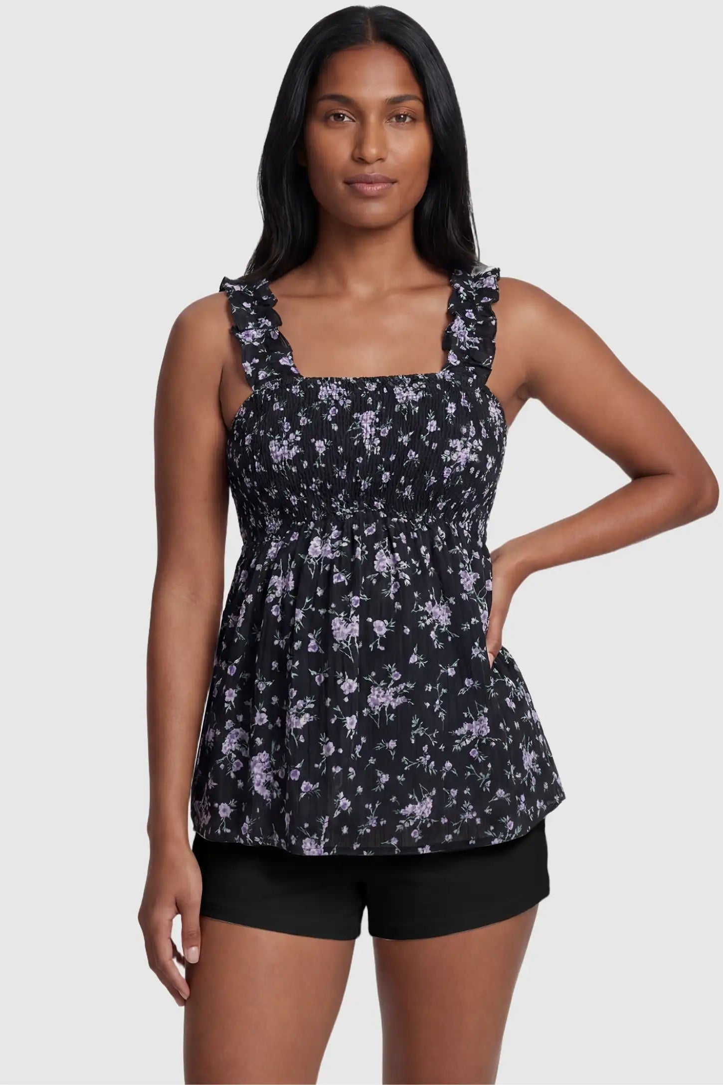 Floral Square Neck Babydoll Maternity Top Floral Square Neck Babydoll Maternity Top in Black featuring a smocked bodice and flowy babydoll hem on a non-pregnant model, front view.