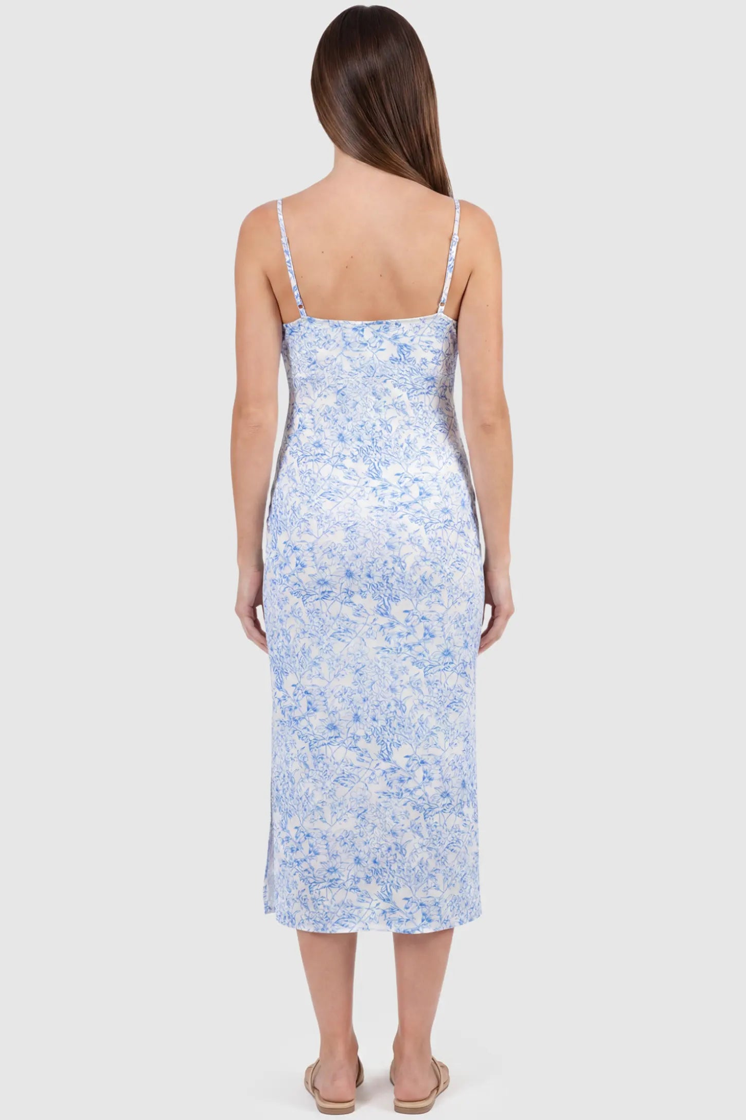 Floral Square Neck Side Ruched Maternity Midi Dress Floral Square Neck Side Ruched Maternity Midi Dress in Blue featuring a botanical print on a pregnant model, back view.