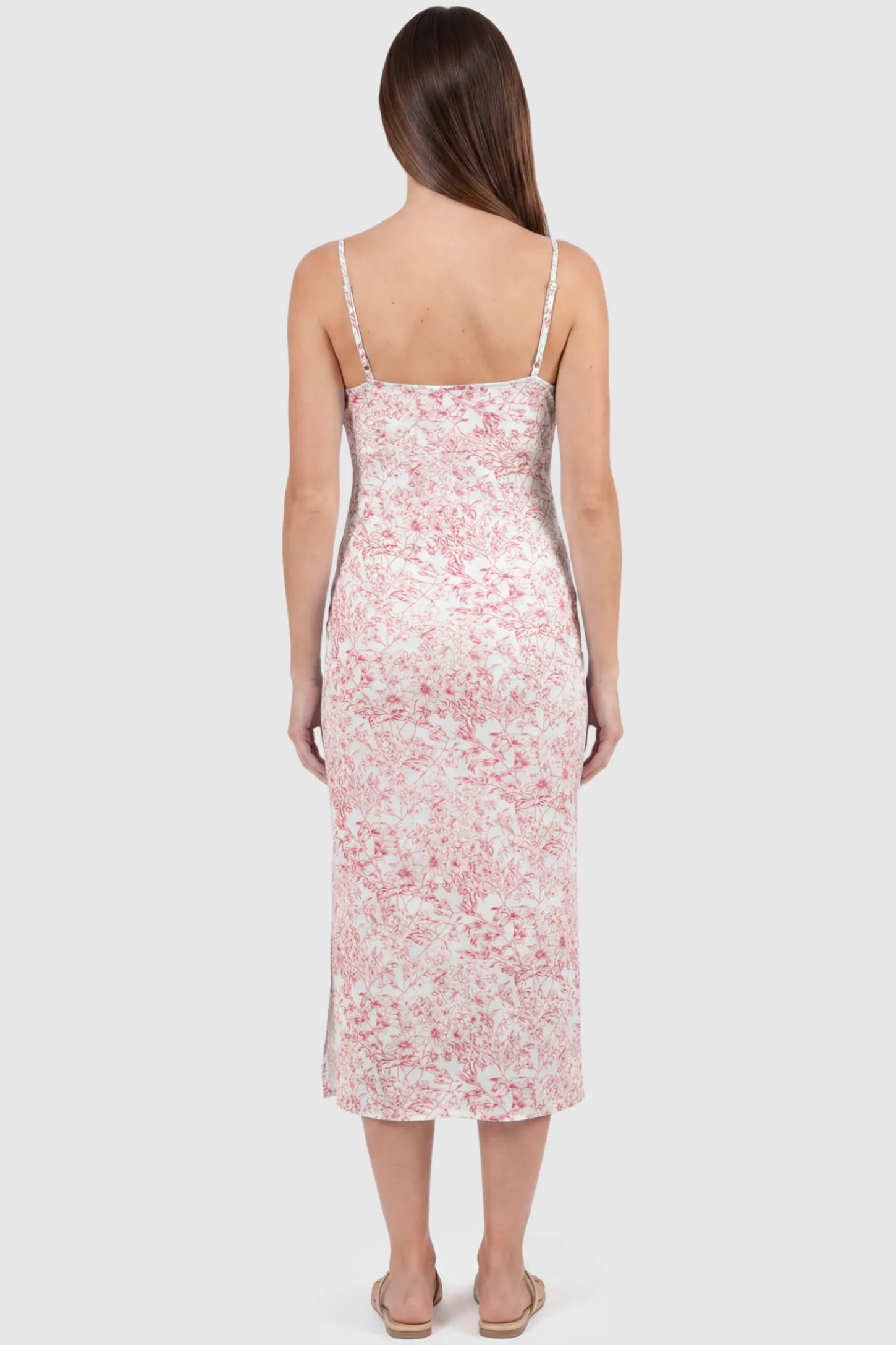Floral Square Neck Side Ruched Maternity Midi Dress Floral Square Neck Side Ruched Maternity Midi Dress in Pink featuring a botanical print on a pregnant model, back view.