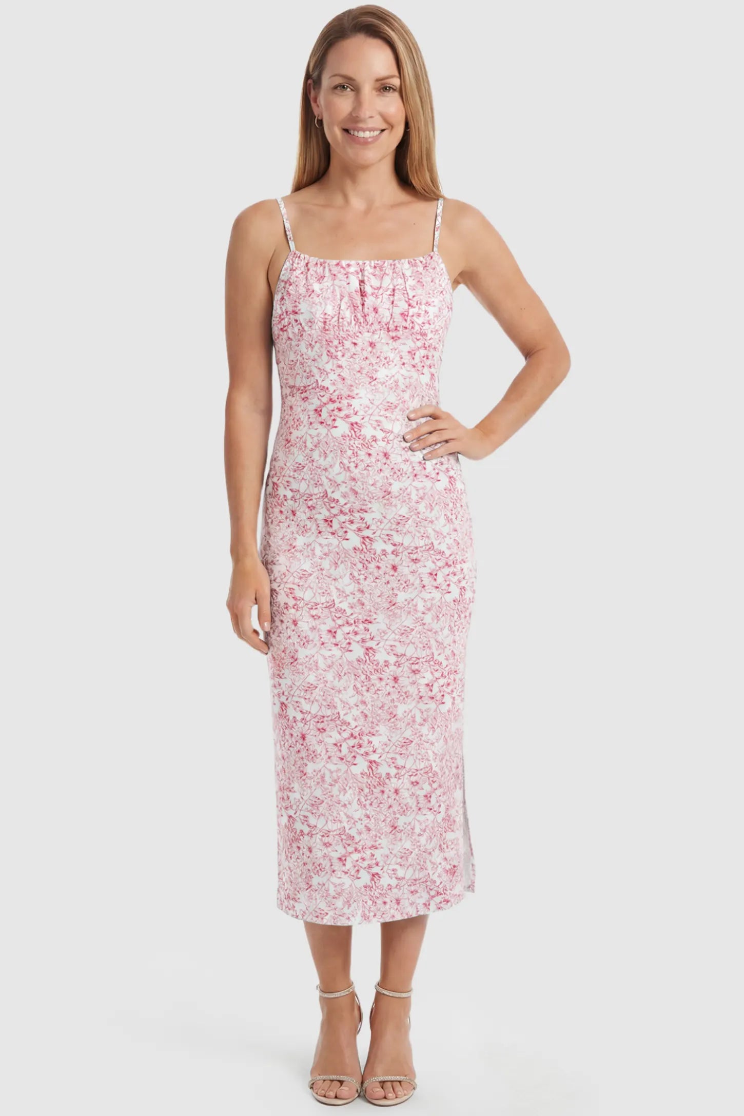Floral Square Neck Side Ruched Maternity Midi Dress Floral Square Neck Side Ruched Maternity Midi Dress in Pink featuring a botanical print and sleeveless cut on a postpartum model, front view.