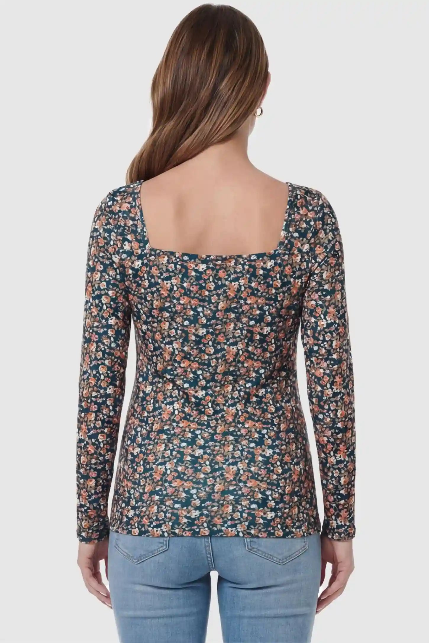 Floral Square Neck Maternity Top Floral Square Neck Maternity Top in floral print with long sleeves in back view on a pregnant model.