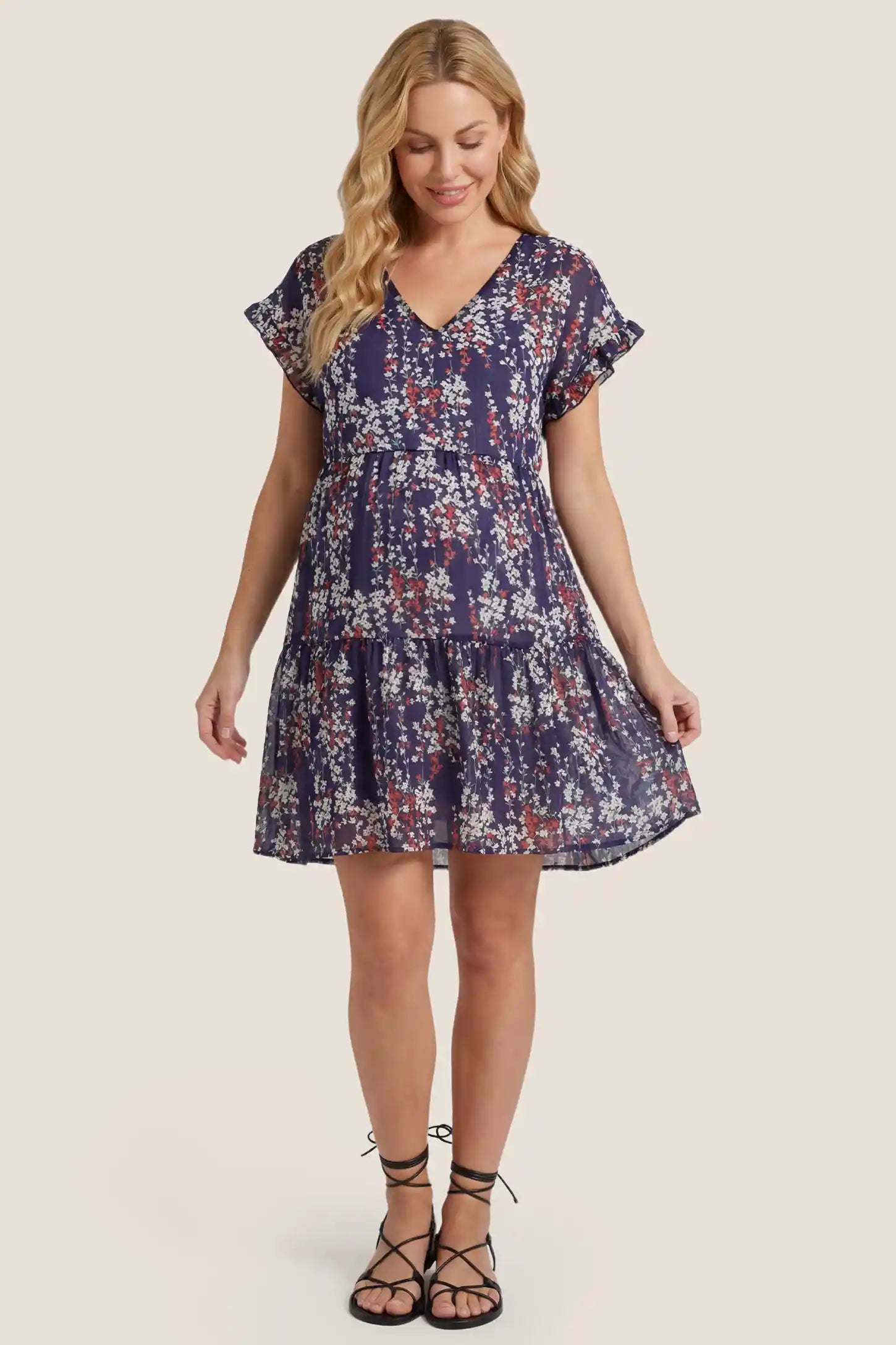 Floral V-Neck A-Line Flutter Sleeve Short Maternity Dress Floral V-Neck A-Line Flutter Sleeve Short Maternity Dress in Navy Blue featuring a V-neckline and breezy flutter sleeves, front view on a pregnant model.