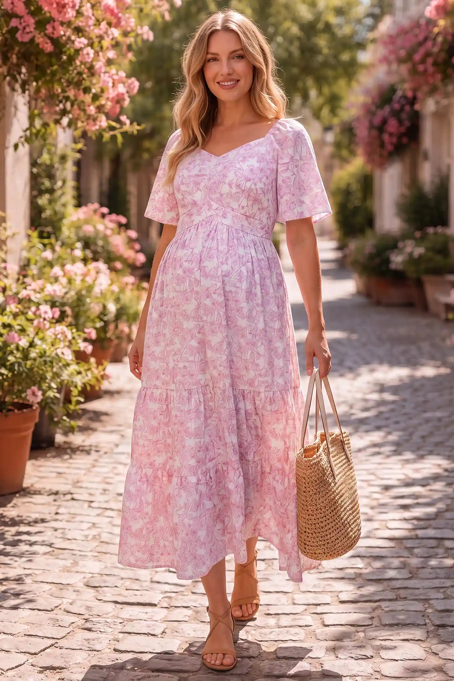 Floral V-Neck Flutter Sleeve Maternity Midi Dress Floral V-Neck Flutter Sleeve Maternity Midi Dress in Pink Floral with a smocked back and tiered skirt, lifestyle view on a pregnant model.