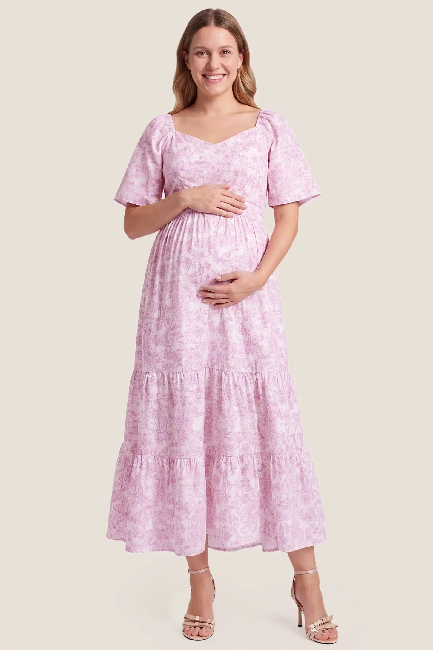 Floral V-Neck Flutter Sleeve Maternity Midi Dress Floral V-Neck Flutter Sleeve Maternity Midi Dress in Pink Floral with a smocked back and tiered skirt, front view on a plus-size model.