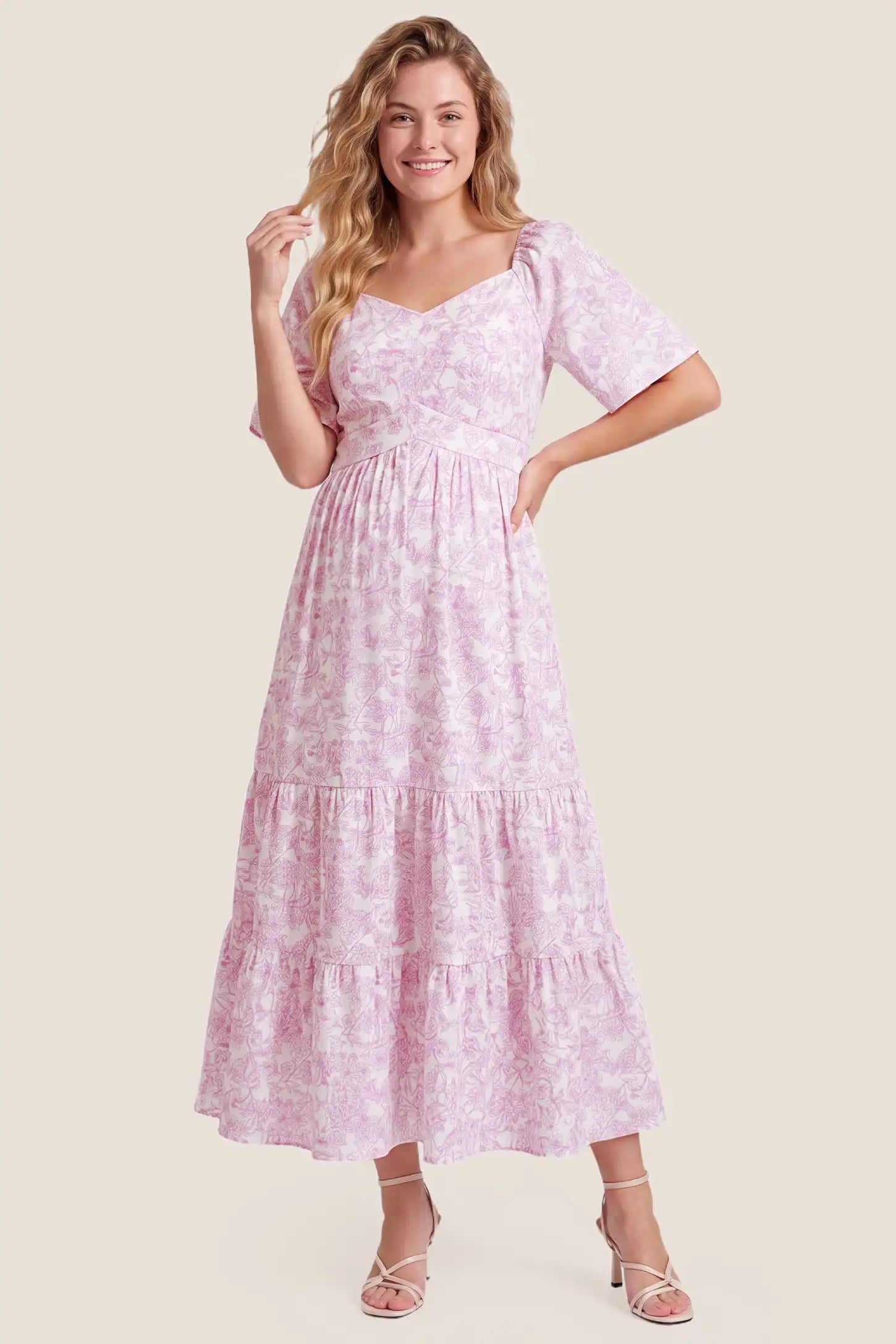 Floral V-Neck Flutter Sleeve Maternity Midi Dress Floral V-Neck Flutter Sleeve Maternity Midi Dress in Pink Floral with a smocked back and tiered skirt, front view on a non pregnant model.