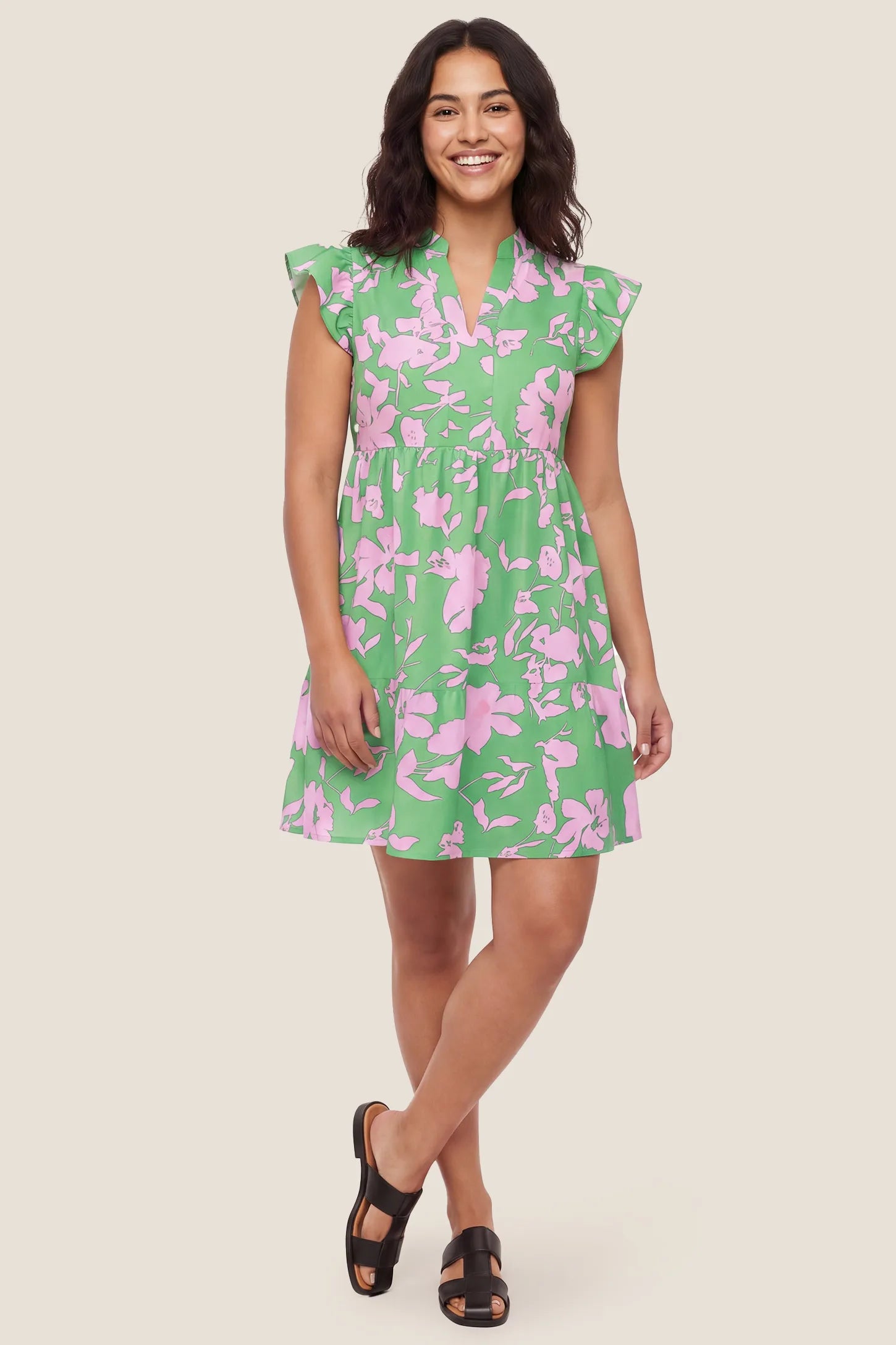 Floral Print V-Neck Flutter Sleeve Maternity Short Dress Floral Print V-Neck Flutter Sleeve Maternity Short Dress in Green with lightweight woven fabric drape, front view on a non pregnant model.