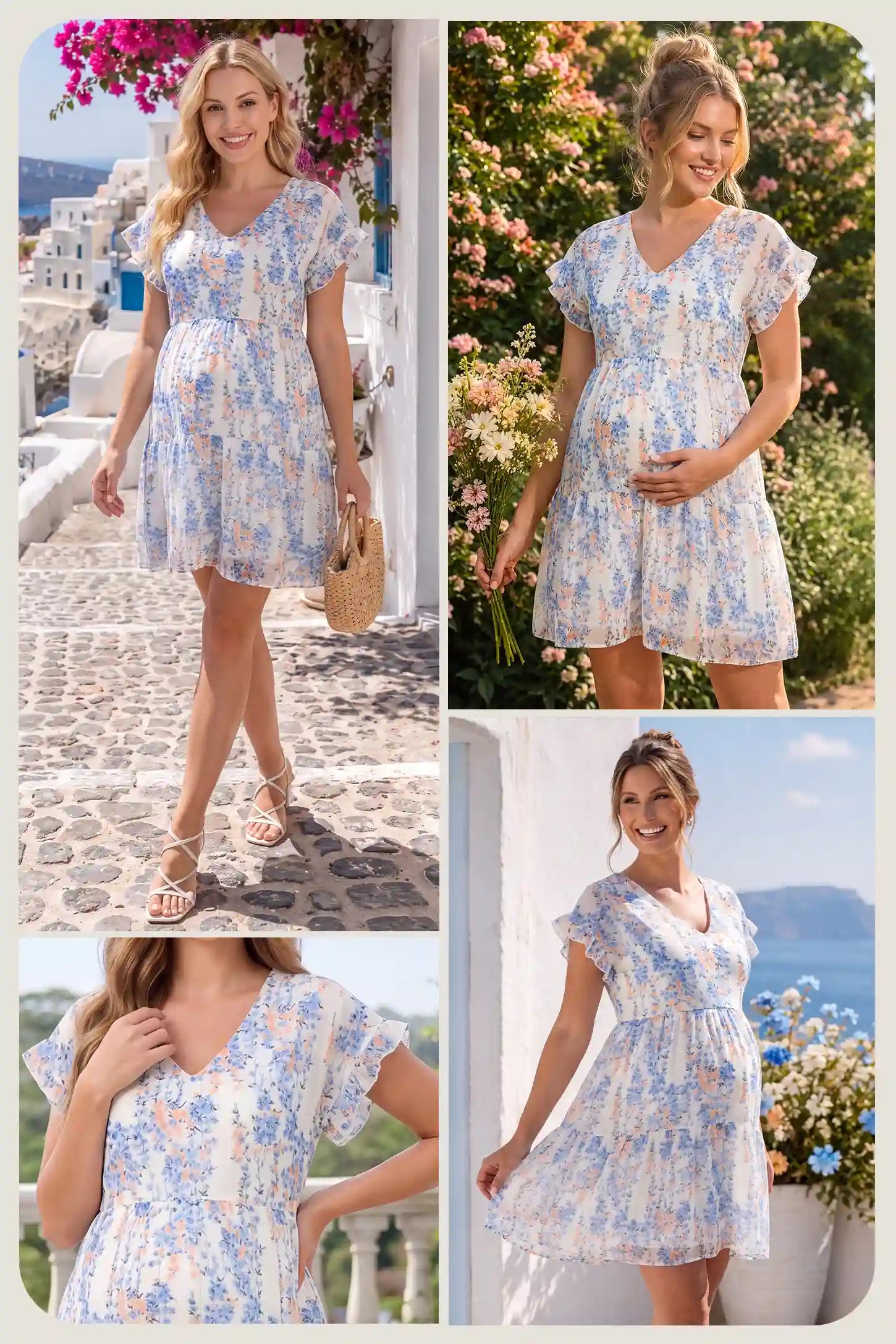 Floral V-Neck Flutter Sleeve Tiered Maternity Mini Dress in White-Blue featuring a cascading tiered skirt, lifestyle view on a pregnant model in an outdoor setting.