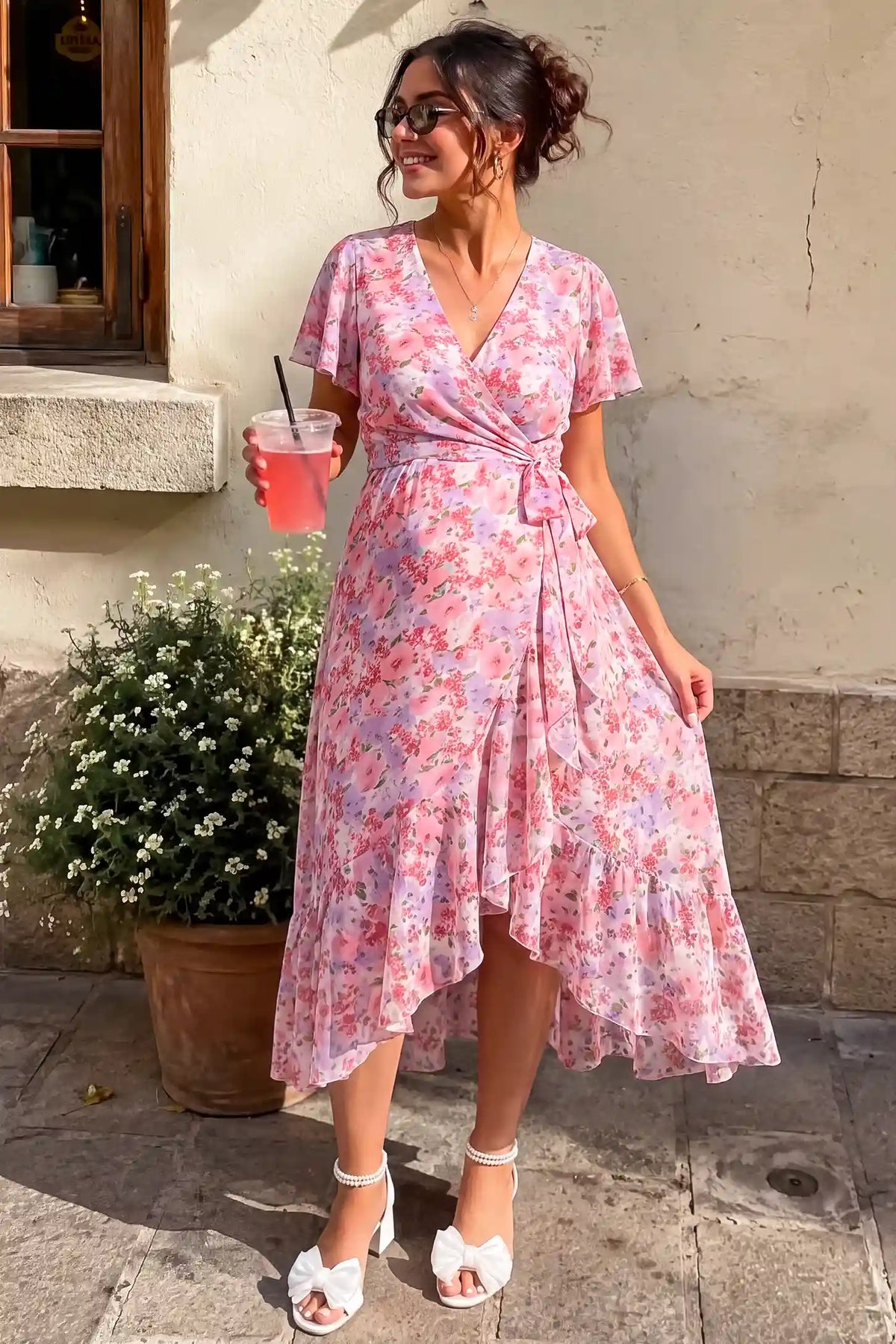 Floral V-Neck Ruffled Hem Midi Maternity Dress Floral V-Neck Ruffled Hem Midi Maternity Dress in Pink with a charming floral pattern and ruffled hem, lifestyle front view on a pregnant model.