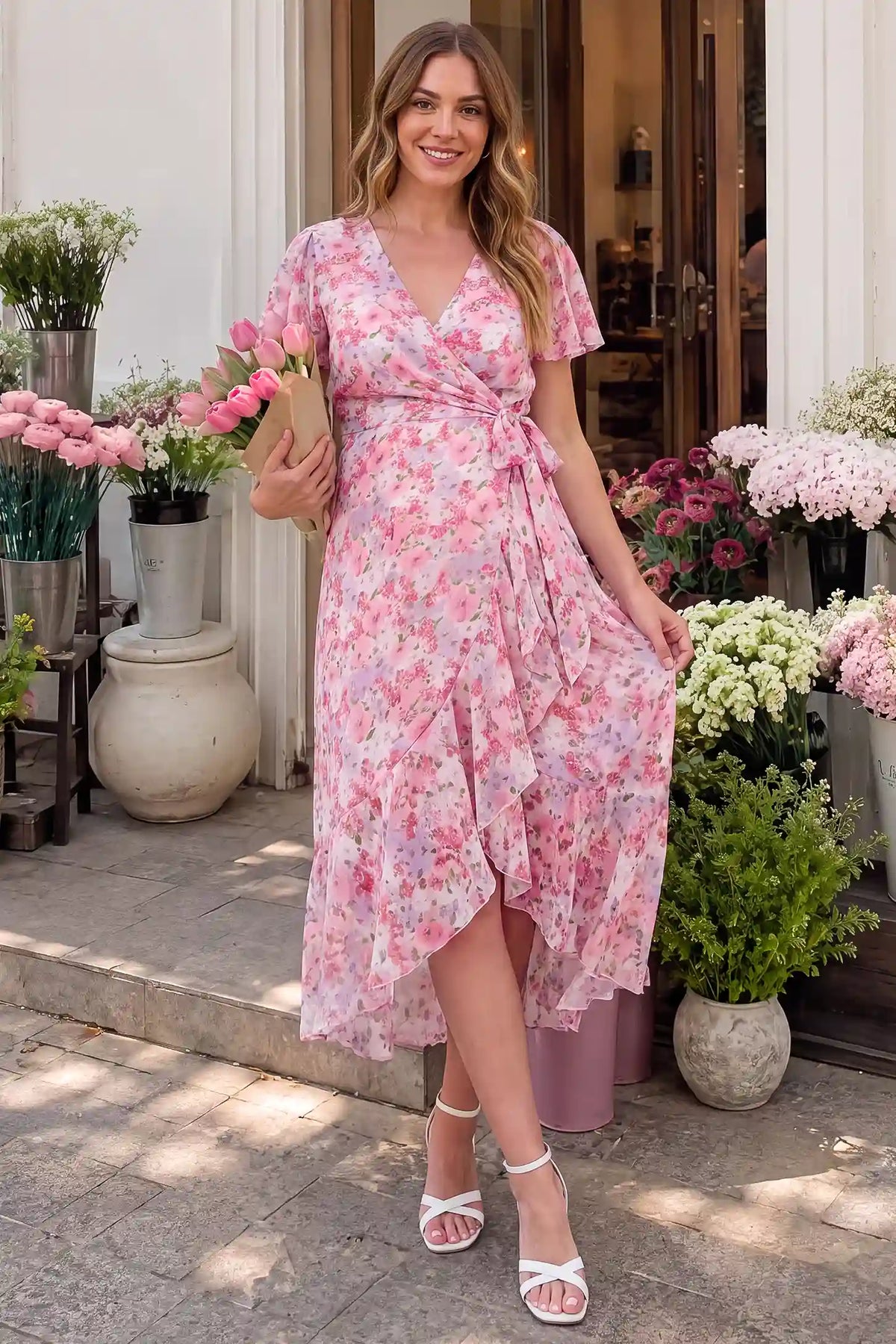 Floral V-Neck Ruffled Hem Midi Maternity Dress Floral V-Neck Ruffled Hem Midi Maternity Dress in Pink with a charming floral pattern and ruffled hem, lifestyle front view on a pregnant model.