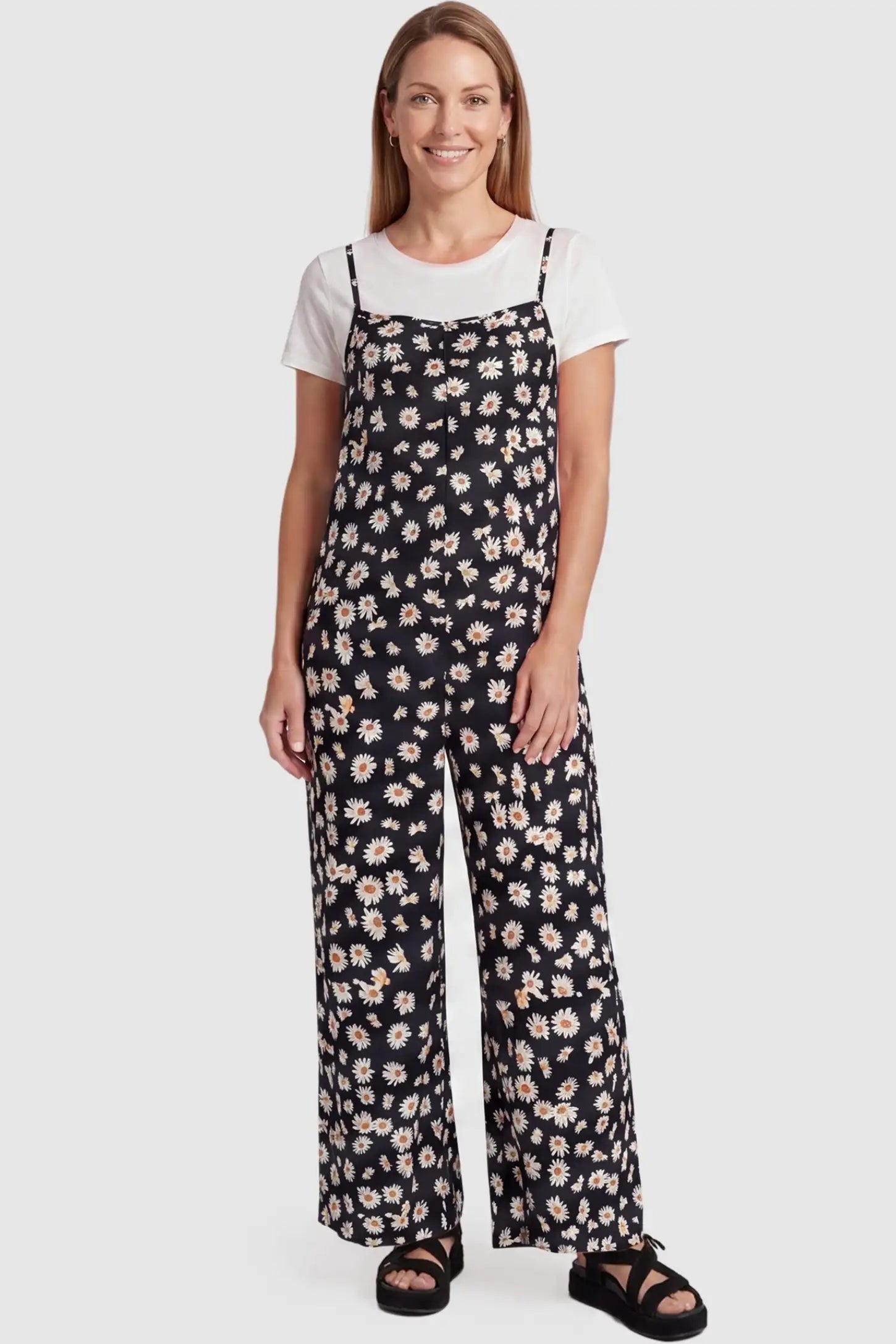 Floral Wide-Leg Pocket Maternity Jumpsuit Floral Wide-Leg Pocket Jumpsuit in Black featuring an all-over daisy print on a non-pregnant model, postpartum view.