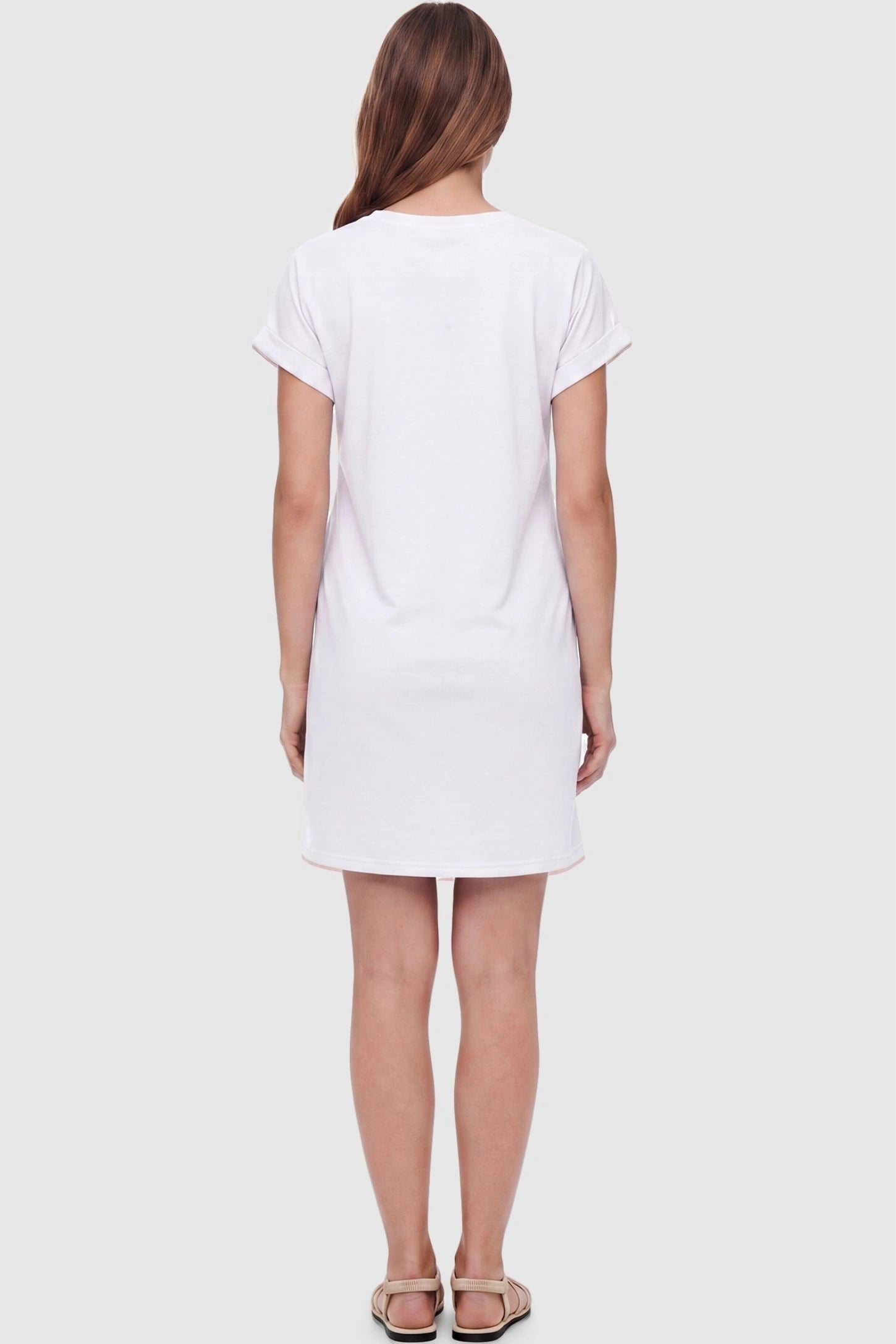 Flowy Pocket Tunic Maternity T-Shirt Dress Flowy Pocket Tunic Maternity T-Shirt Dress in White featuring a classic crew neckline on a back-view model.