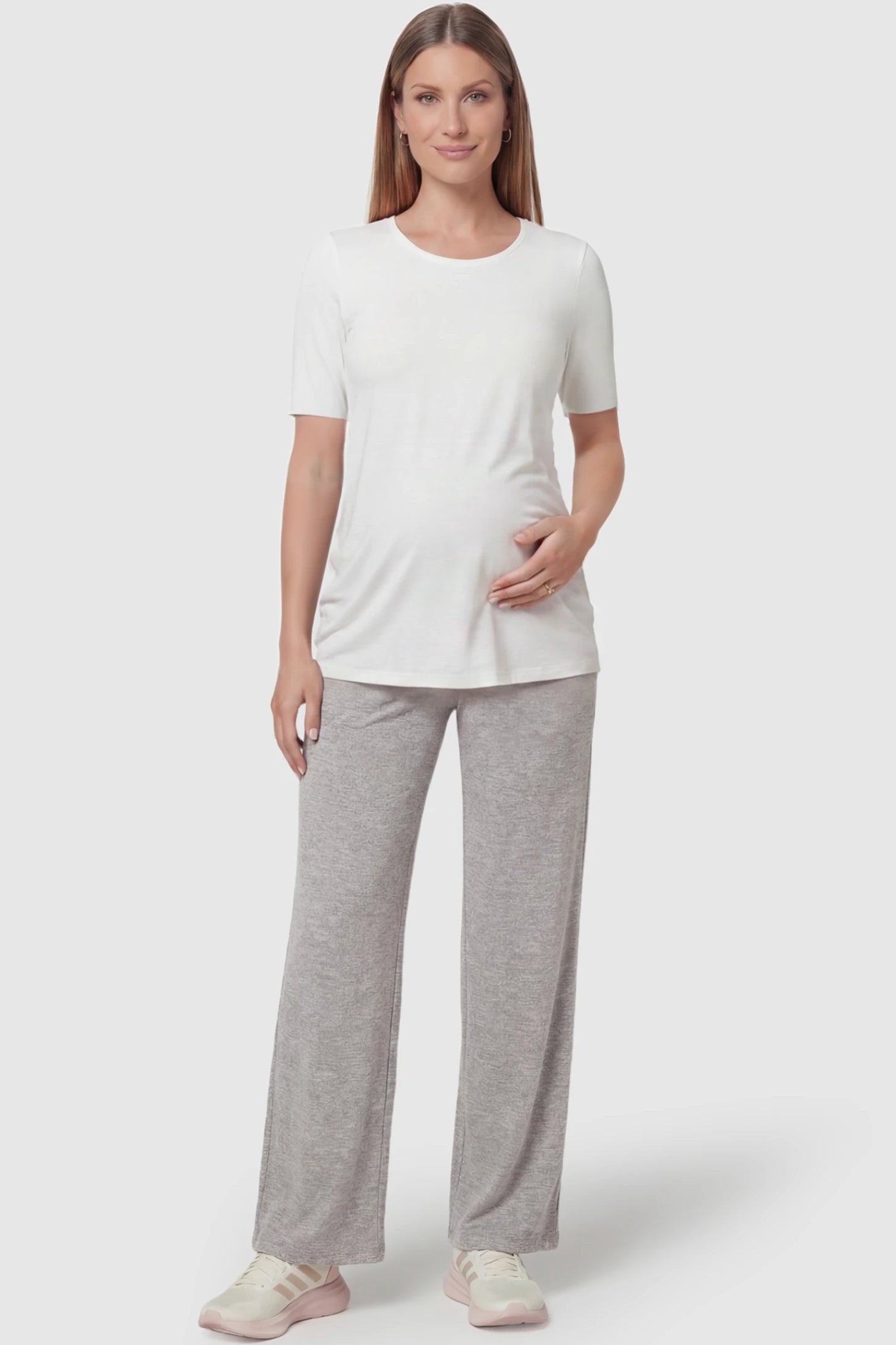 Fold-Over Waistband Wide Leg Maternity Pants Fold-Over Waistband Wide Leg Maternity Pants in Gray featuring a versatile high-waist fit on a pregnant model, front view.