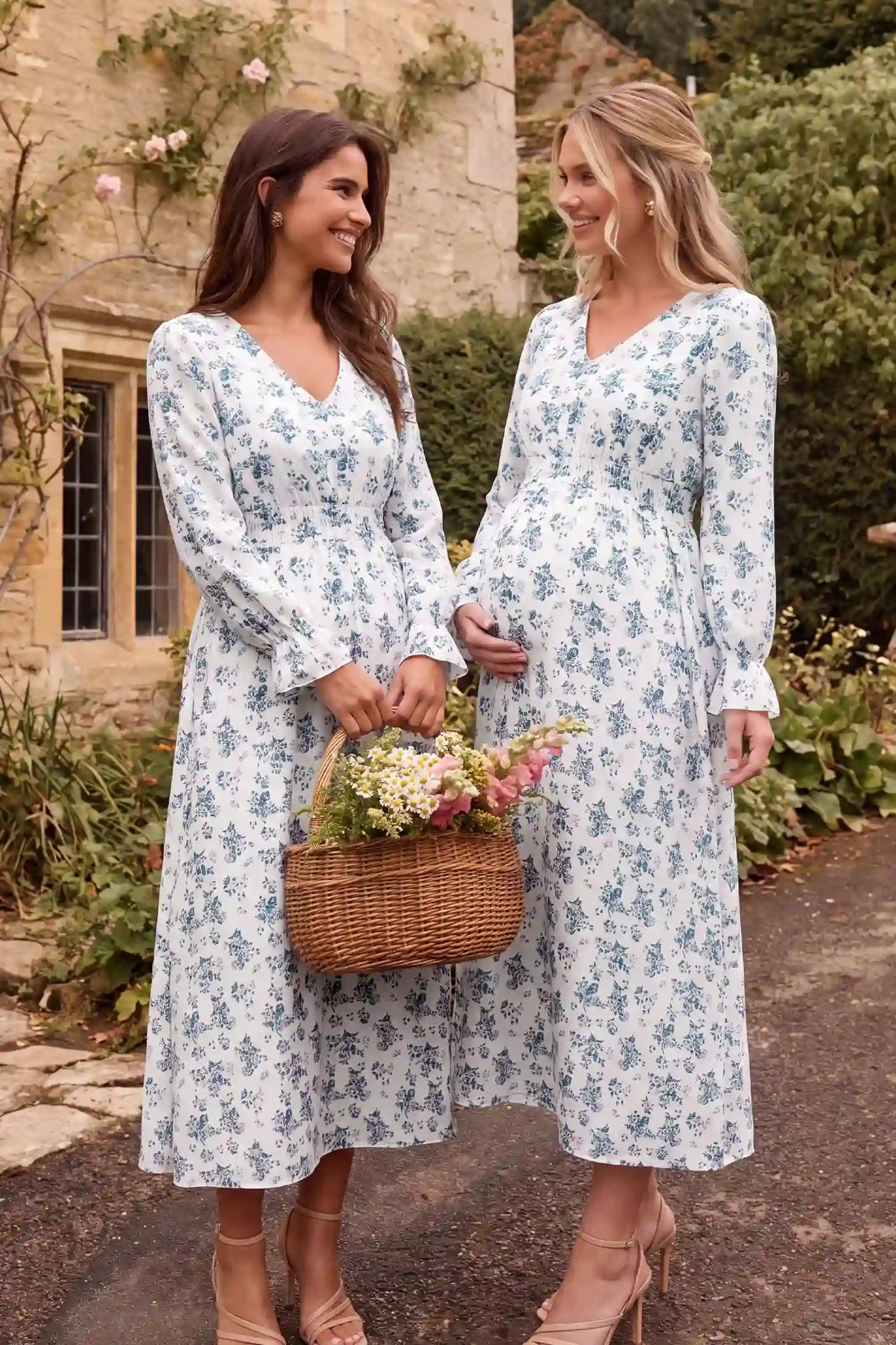French Blue Floral V-Neck Maternity Dress French Blue Floral V-Neck Maternity Dress in French Blue Floral with vintage print, lifestyle view on a pregnant model.