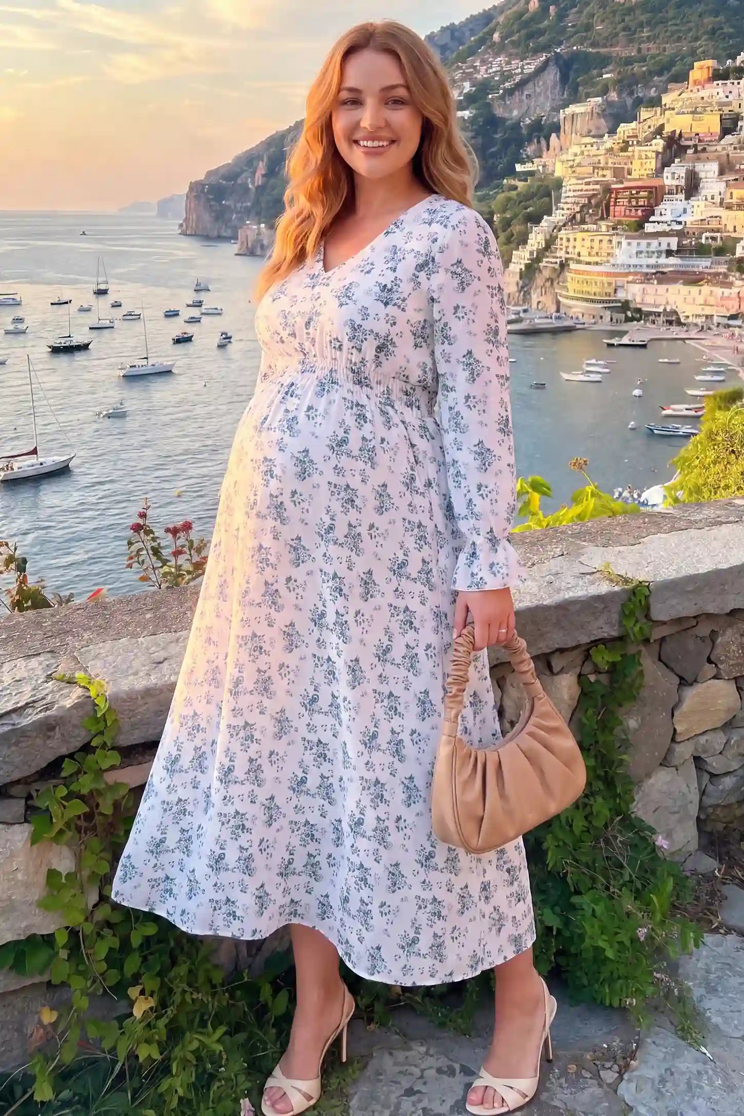 French Blue Floral V-Neck Maternity Dress French Blue Floral V-Neck Maternity Dress in French Blue Floral, view on a plus-size model.