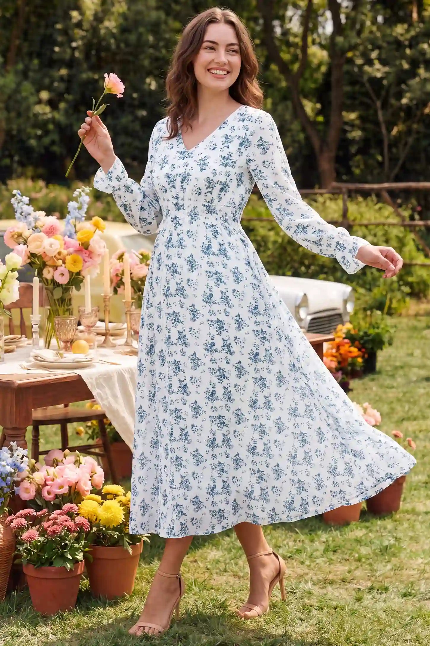 French Blue Floral V-Neck Maternity Dress French Blue Floral V-Neck Maternity Dress in French Blue Floral, view on a non pregnant model.