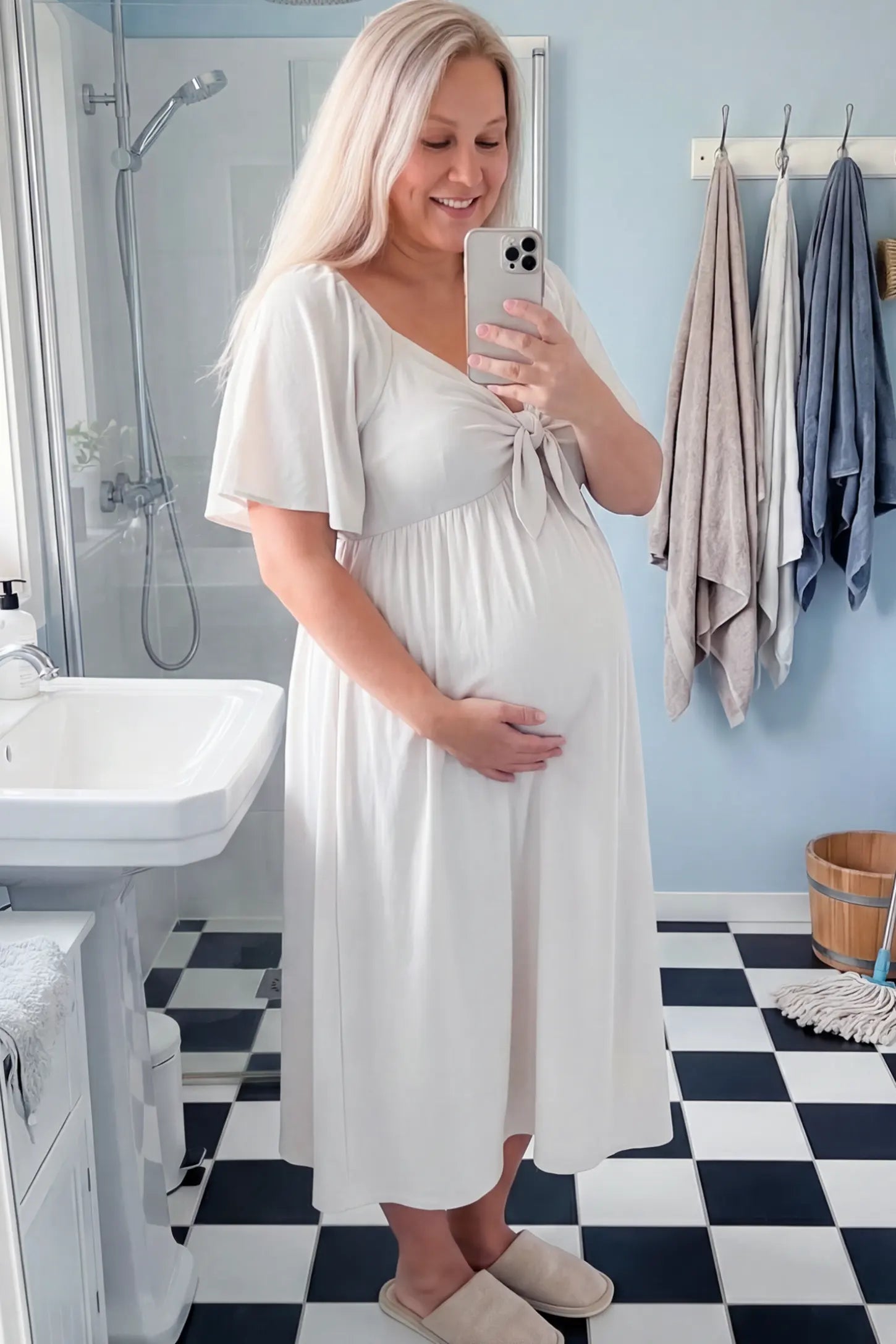 Front Tie Flutter Sleeve Maternity Midi Dress Front Tie Flutter Sleeve Maternity Midi Dress in white featuring a knotted V-neckline and flowy skirt on a pregnant woman.