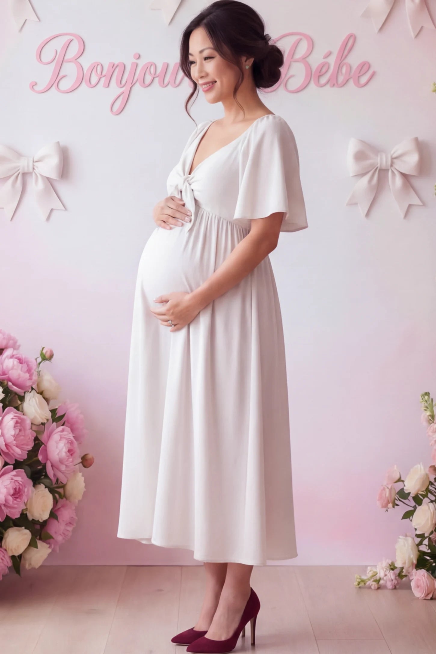 Front Tie Flutter Sleeve Maternity Midi Dress Front Tie Flutter Sleeve Maternity Midi Dress in white featuring a knotted V-neckline and flowy skirt on a pregnant woman.