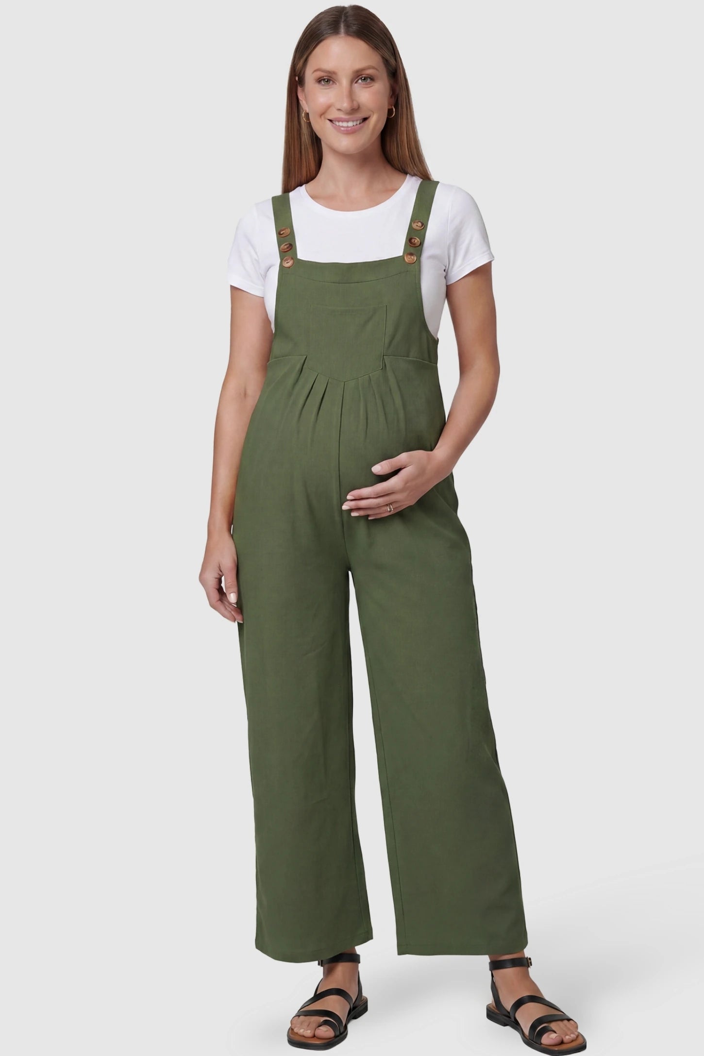 Full-Length Pocketed Maternity Jumpsuit in Army Green featuring a relaxed wide-leg cut on a pregnant model, front view.