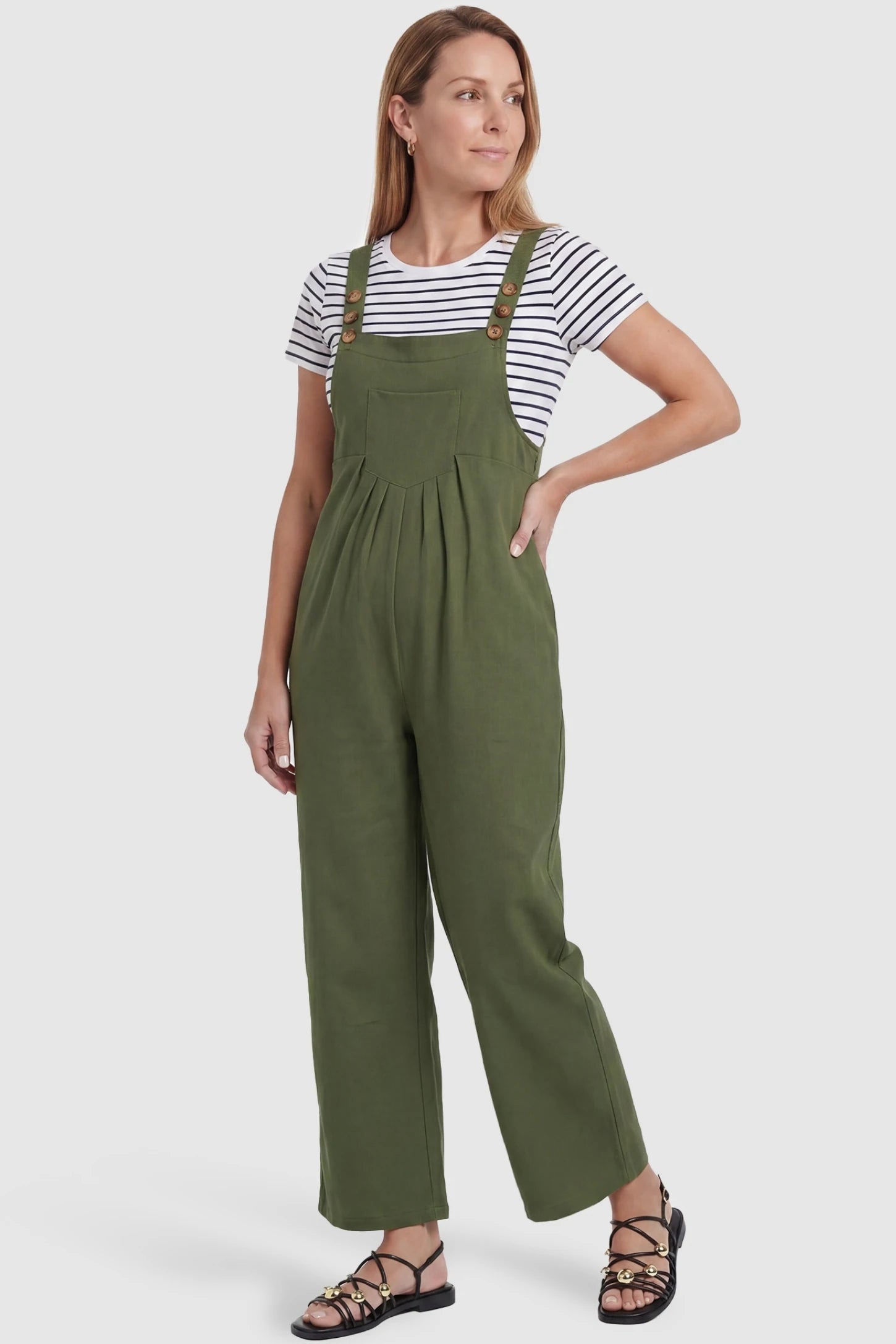 Full-Length Pocketed Maternity Jumpsuit Full-Length Pocketed Maternity Jumpsuit in Army Green featuring a relaxed wide-leg cut on a non-pregnant model, postpartum view.