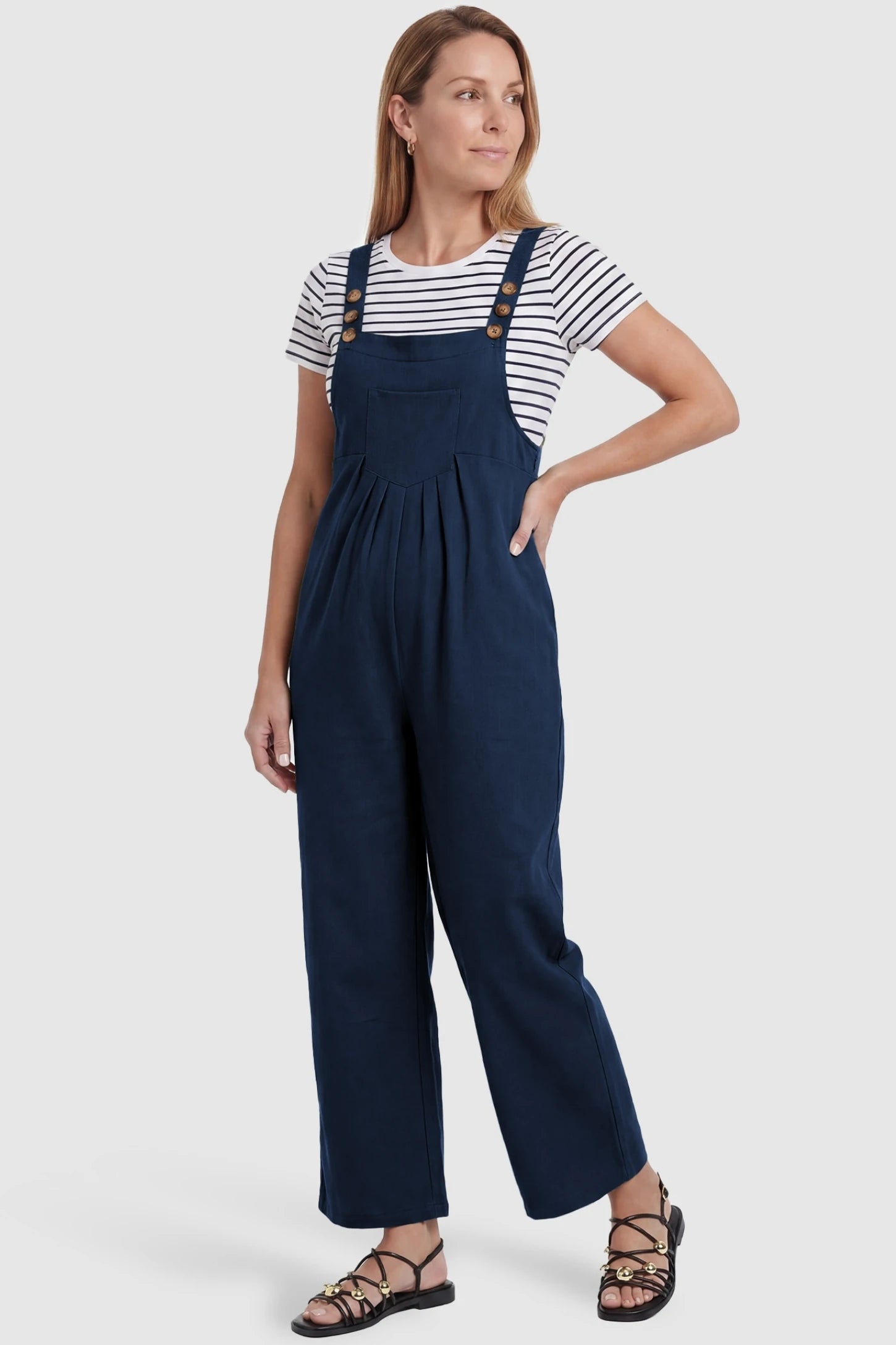 Full-Length Pocketed Maternity Jumpsuit Full-Length Pocketed Maternity Jumpsuit in Dark Blue featuring a relaxed wide-leg cut on a non-pregnant model, postpartum view.