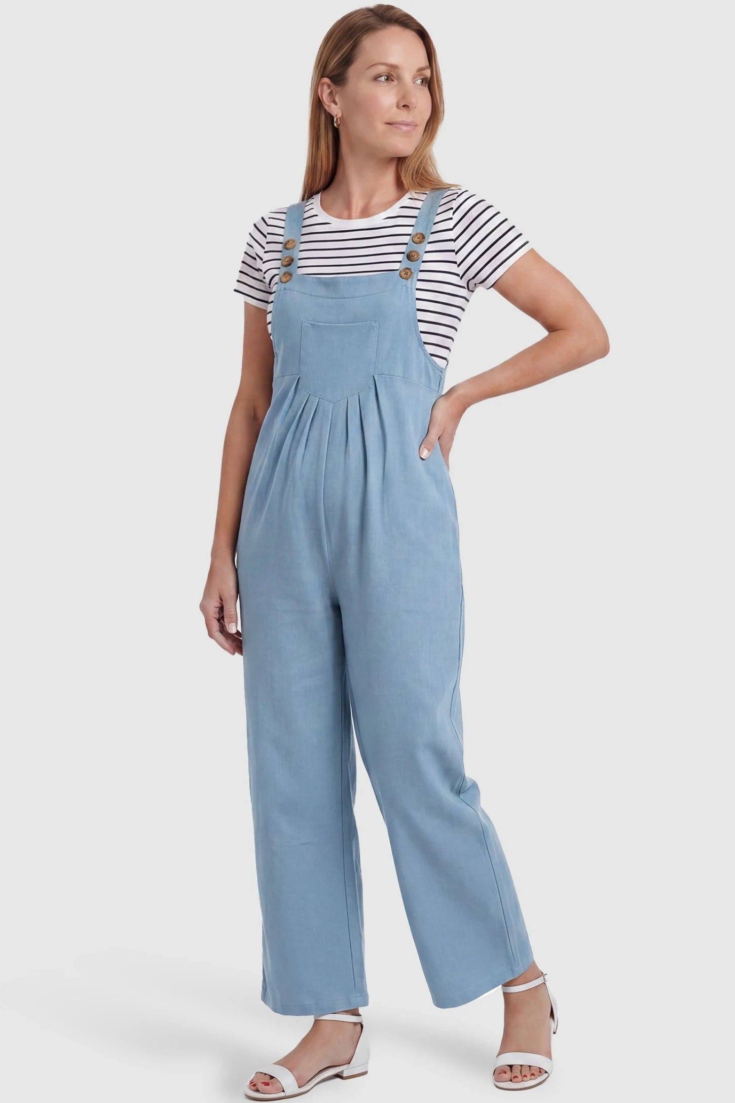 Full-Length Pocketed Maternity Jumpsuit Full-Length Pocketed Maternity Jumpsuit in Light Blue featuring a relaxed wide-leg cut on a non-pregnant model, postpartum view.