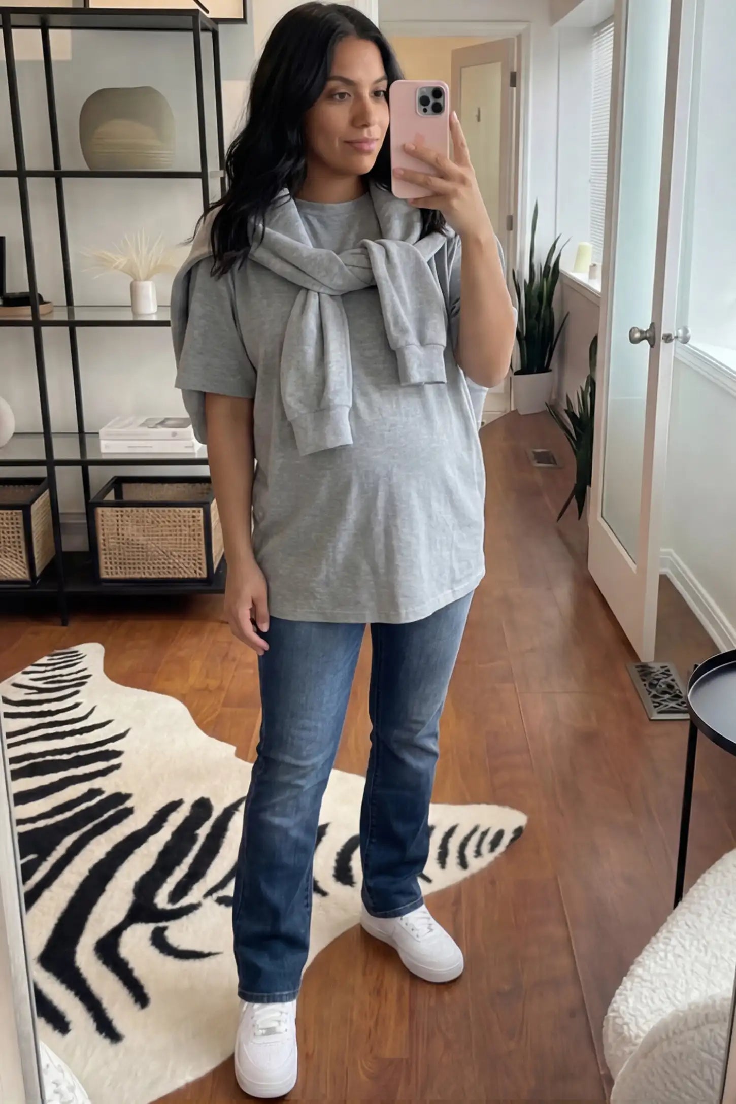 Full Panel Bootcut Maternity Jeans Full Panel Bootcut Maternity Jeans in medium wash blue featuring a stretchy over-the-belly panel on a pregnant model showing front.