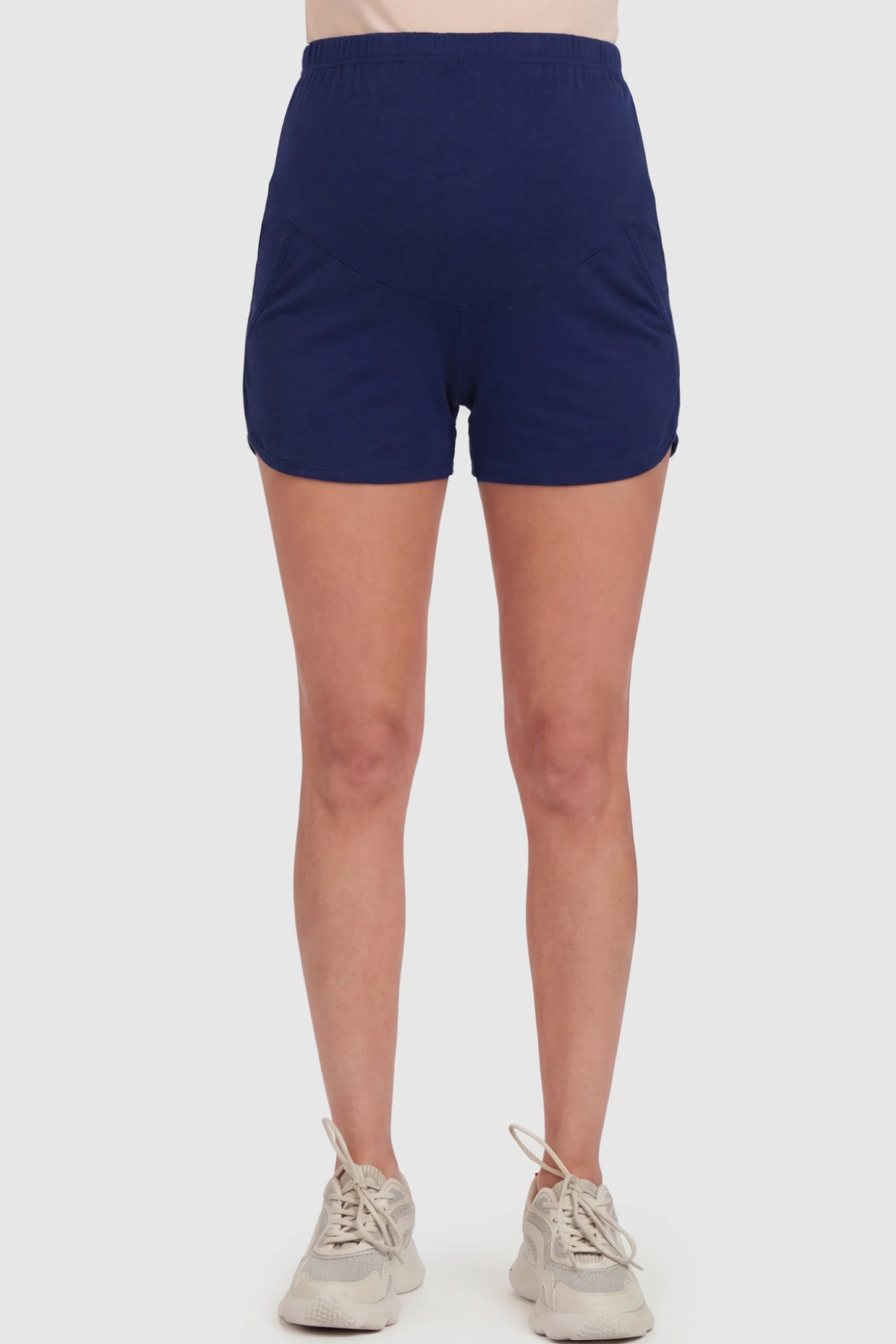 Full Panel Dolphin Hem Maternity Lounge Shorts Full Panel Maternity Lounge Shorts in Blue featuring a dolphin hem on a pregnant model showing front.