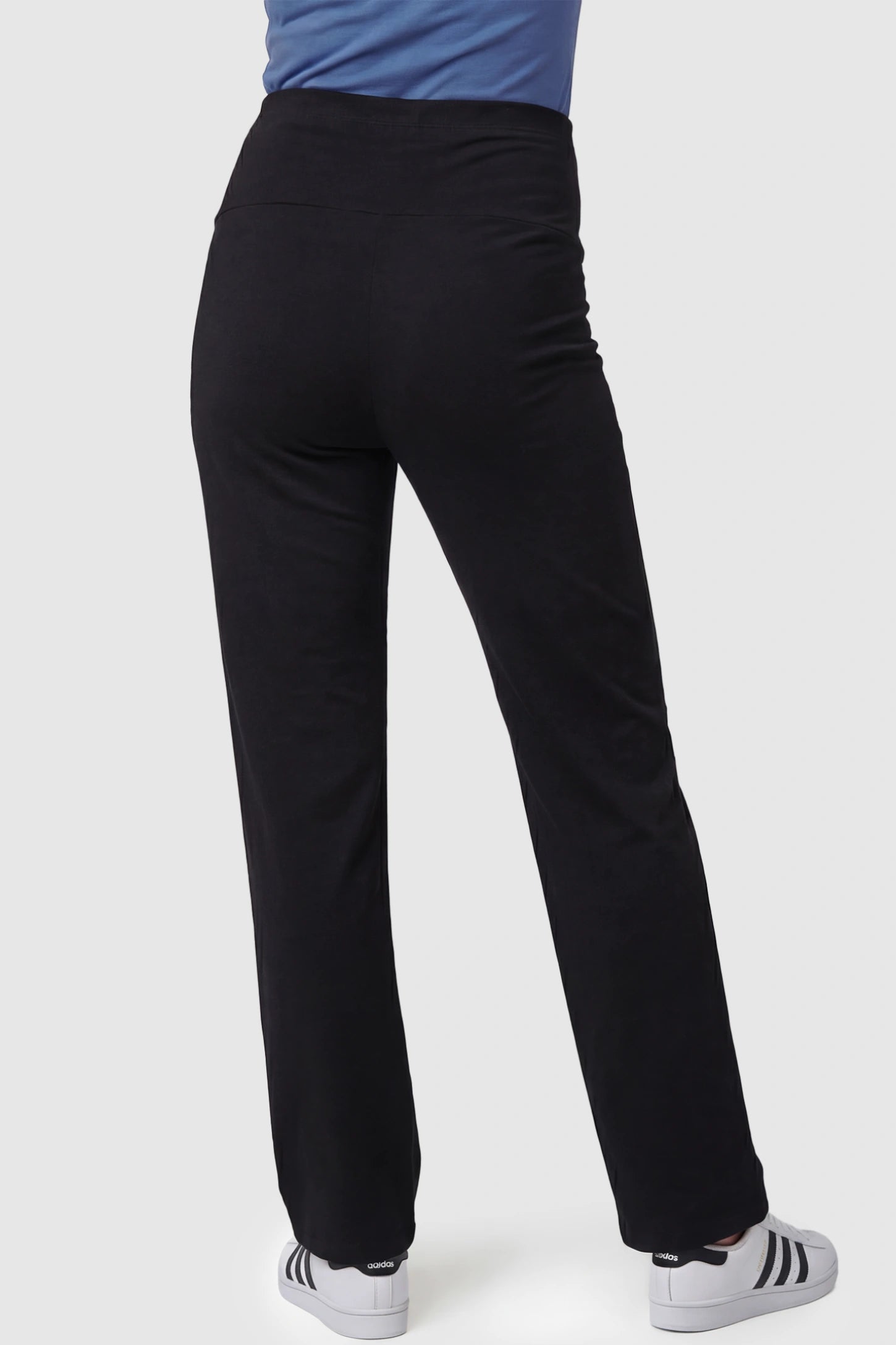 Full Panel High Waist Wide Leg Maternity Lounge Pants Full Panel High Waist Wide Leg Maternity Lounge Pants in Black featuring wide leg on a pregnant model showing back.