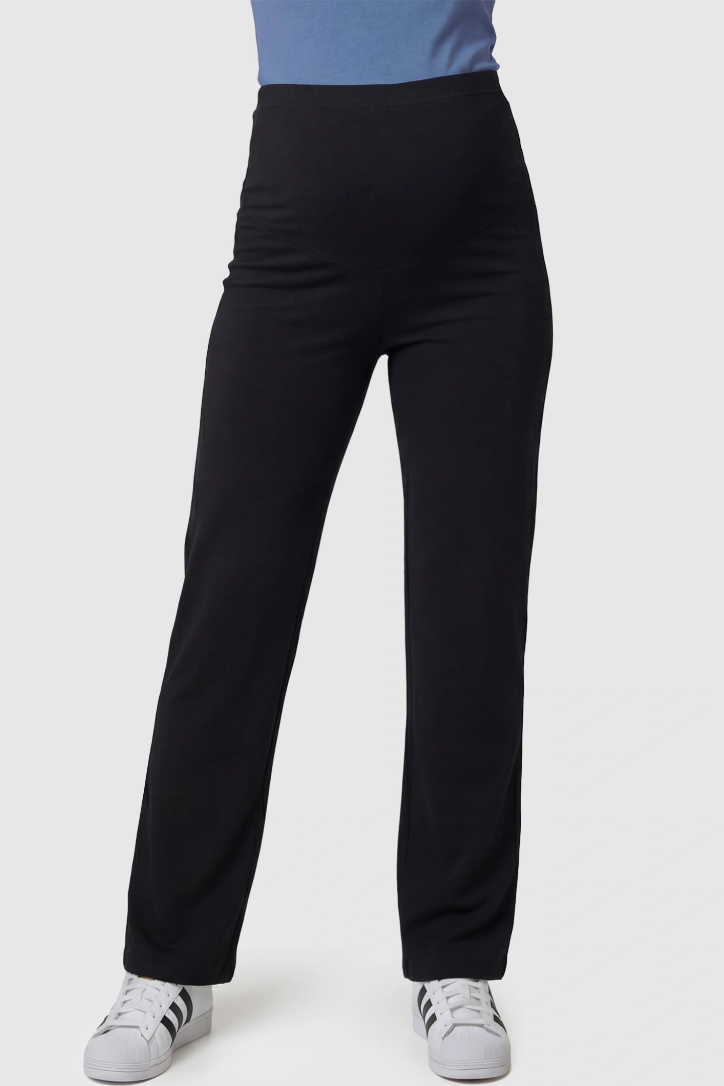 Full Panel High Waist Wide Leg Maternity Lounge Pants Full Panel High Waist Wide Leg Maternity Lounge Pants in Black featuring a High-elasticity waistband on a pregnant model showing front.