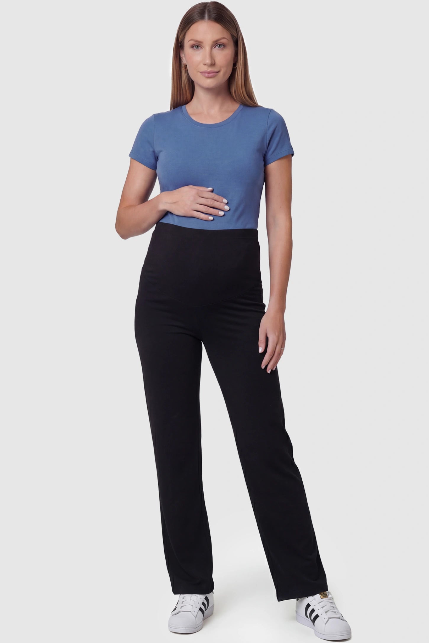 Full Panel High Waist Wide Leg Maternity Lounge Pants Full Panel High Waist Wide Leg Maternity Lounge Pants in Black featuring a High-elasticity waistband on a pregnant model facing front.