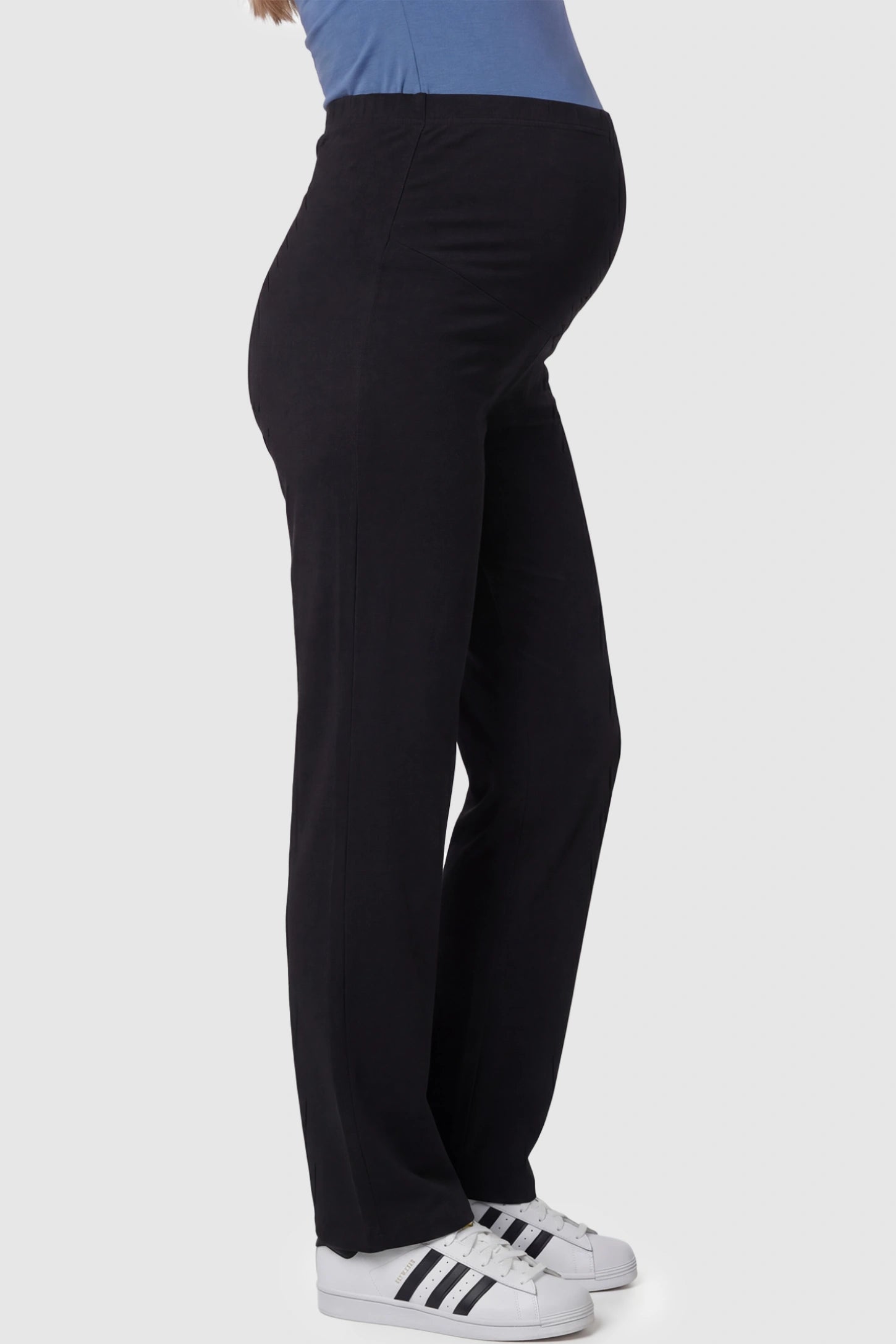 Full Panel High Waist Wide Leg Maternity Lounge Pants Full Panel High Waist Wide Leg Maternity Lounge Pants in Black featuring a High-elasticity waistband on a pregnant model showing side.