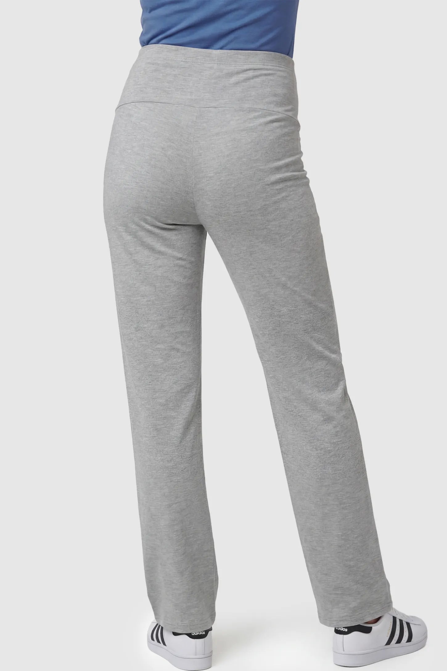 Full Panel High Waist Wide Leg Maternity Lounge Pants Full Panel High Waist Wide Leg Maternity Lounge Pants in Gray featuring wide leg on a pregnant model showing back.