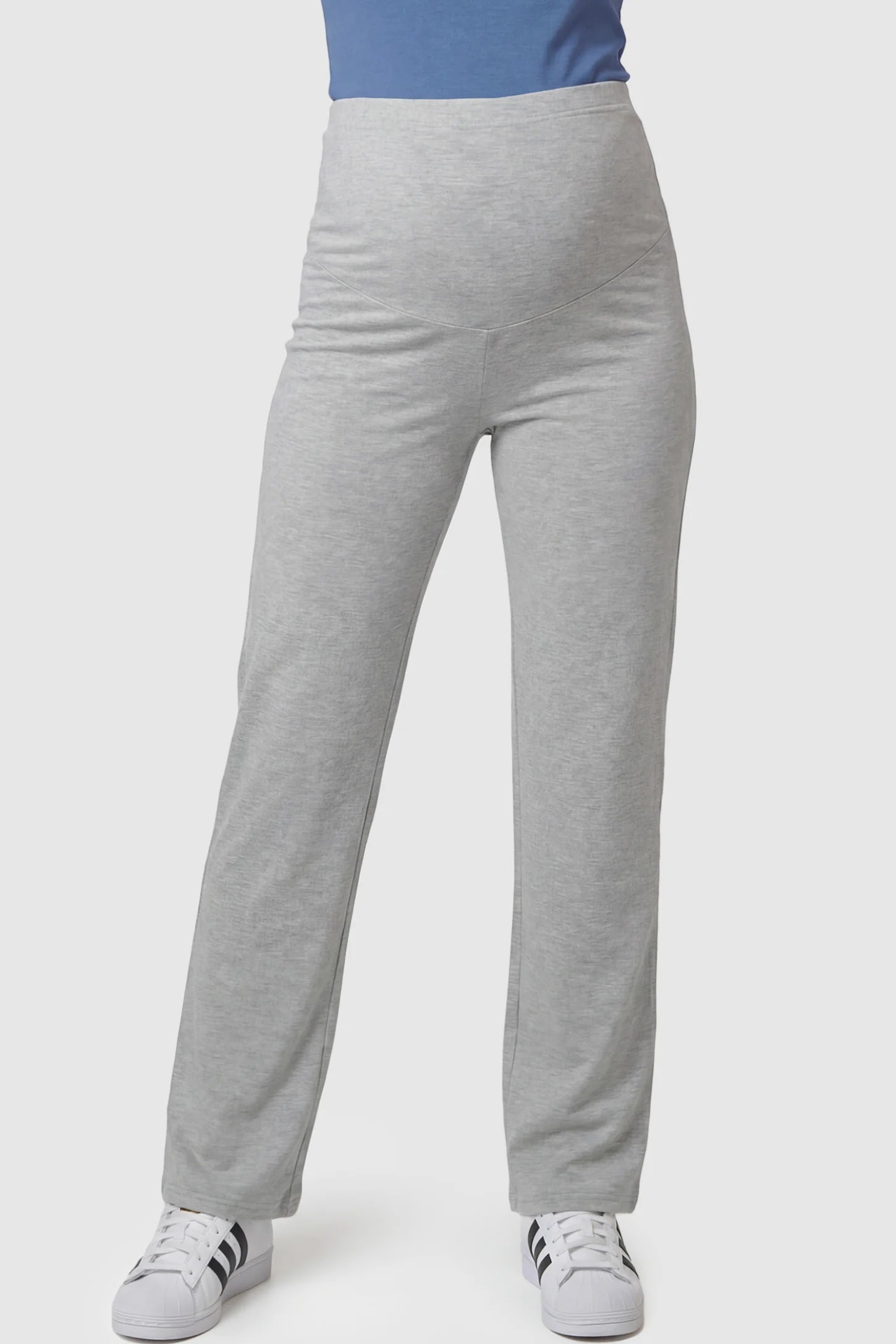 Full Panel High Waist Wide Leg Maternity Lounge Pants in Gray featuring a High-elasticity waistband on a pregnant model showing front.