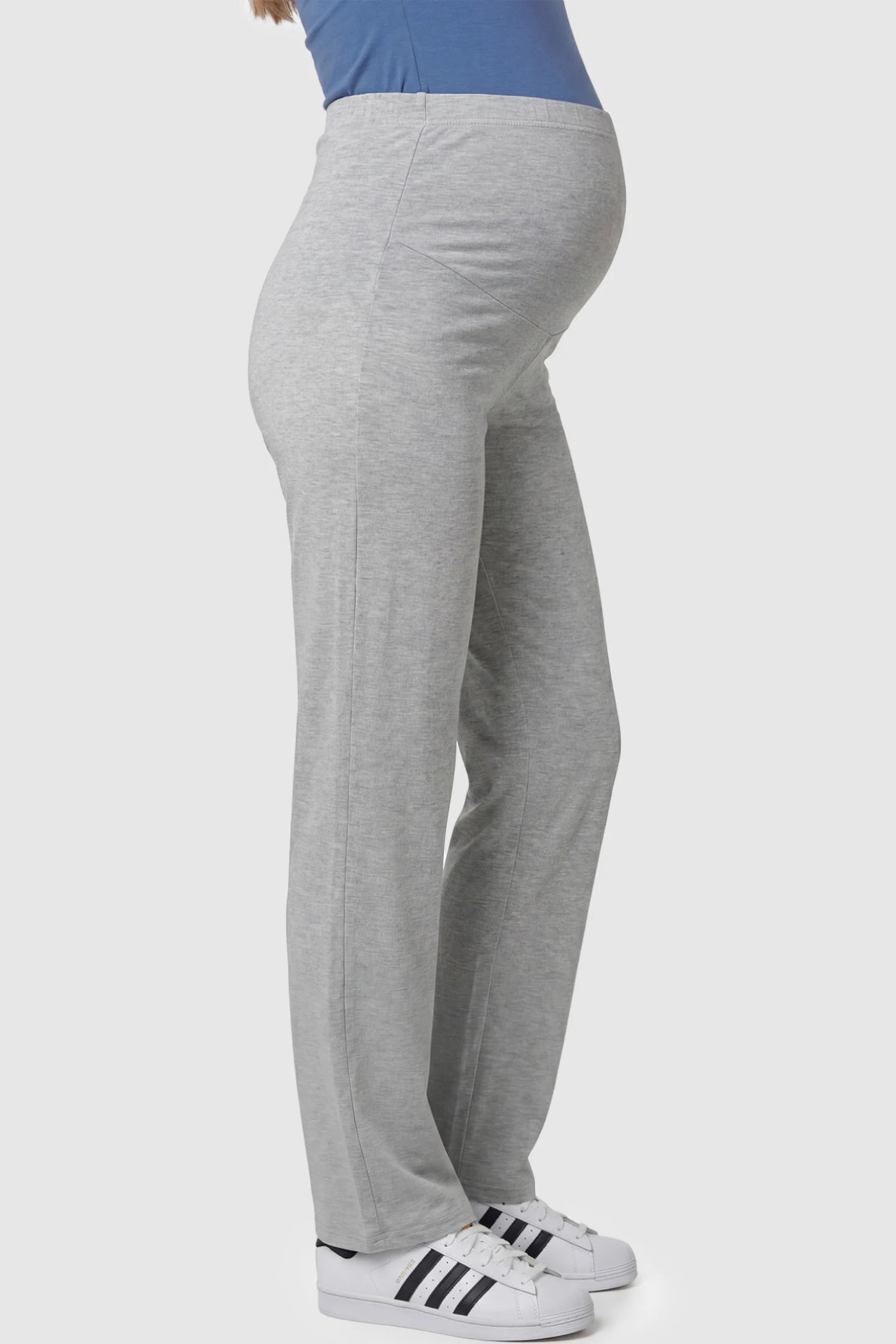 Full Panel High Waist Wide Leg Maternity Lounge Pants Full Panel High Waist Wide Leg Maternity Lounge Pants in Gray featuring a High-elasticity waistband on a pregnant model showing side.