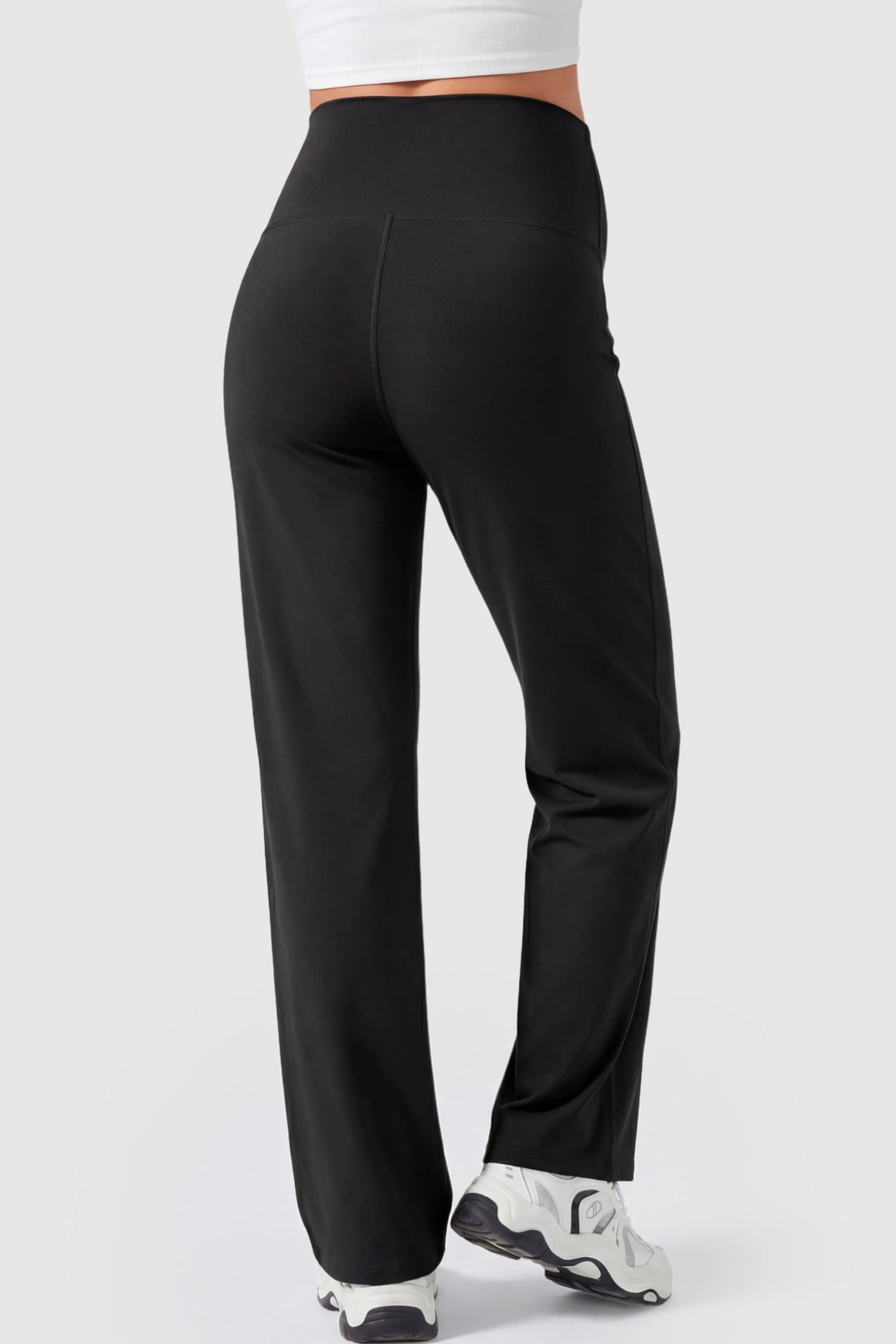Full Panel High Waist Wide Leg Maternity Pants Full Panel High Waist Wide Leg Maternity Pants in Black featuring a supportive expansion-waist on a pregnant model showing back.
