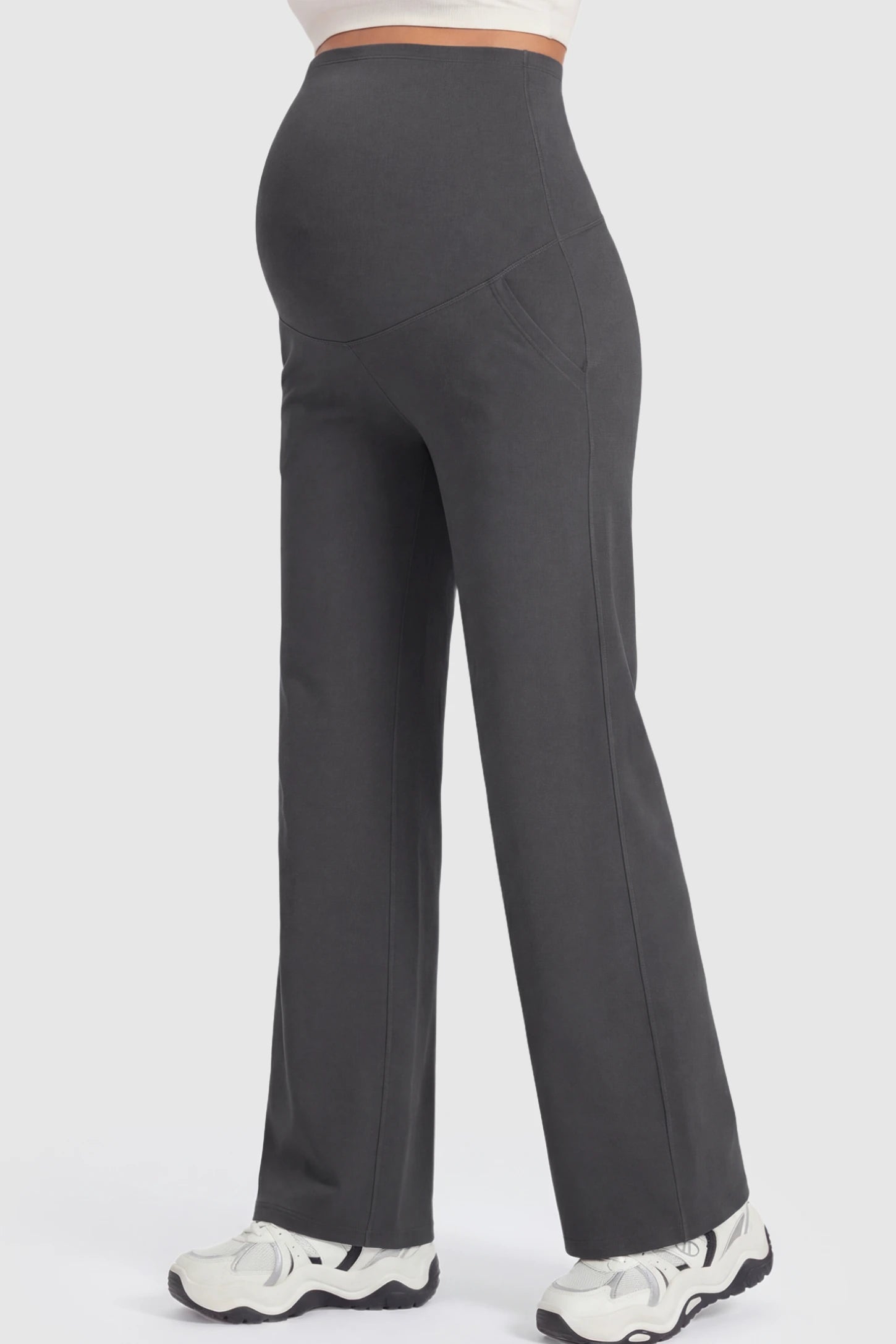 Full Panel High Waist Wide Leg Maternity Pants Full Panel High Waist Wide Leg Maternity Pants in Gray featuring a supportive expansion-waist on a pregnant model showing side.