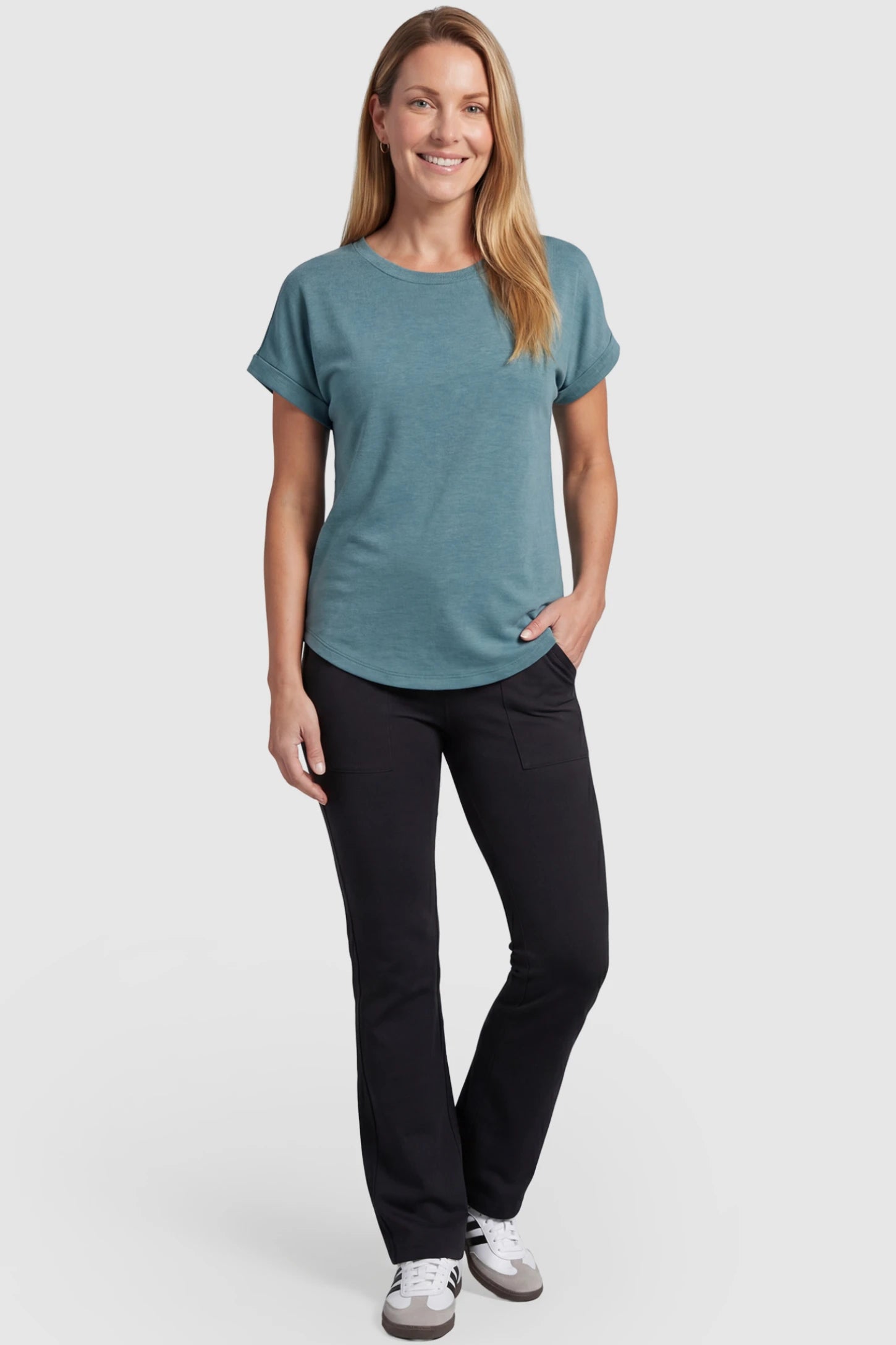 Full Panel Pocketed Flare Leg Maternity Leggings Full Panel Pocketed Flare Leg Maternity Leggings in Black featuring a ribbed over-the-bump panel on a postpartum model, front view.