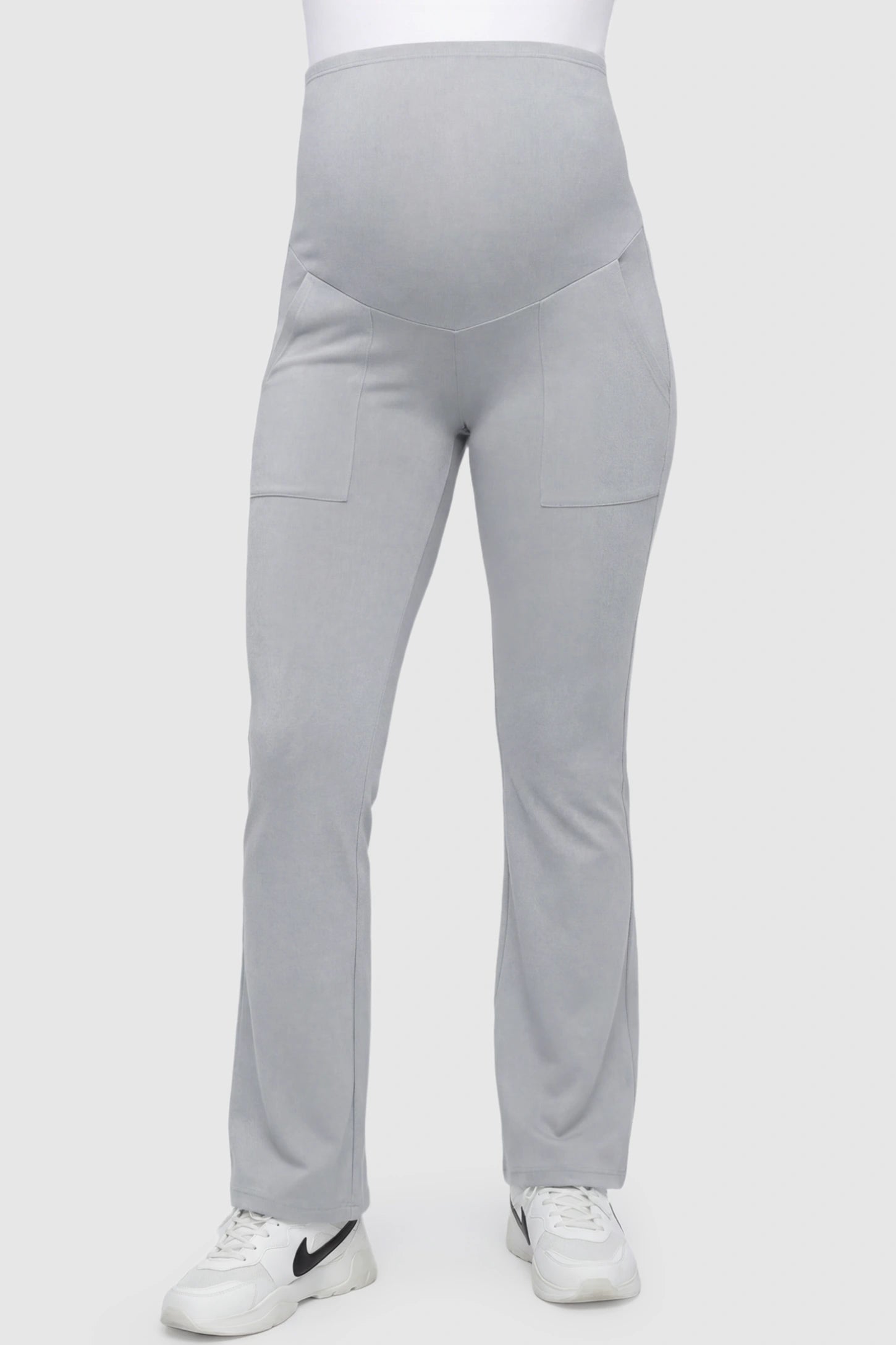 Full Panel Pocketed Flare Leg Maternity Leggings Full Panel Pocketed Flare Leg Maternity Leggings in Gray featuring a ribbed over-the-bump panel on a pregnant model, front view.